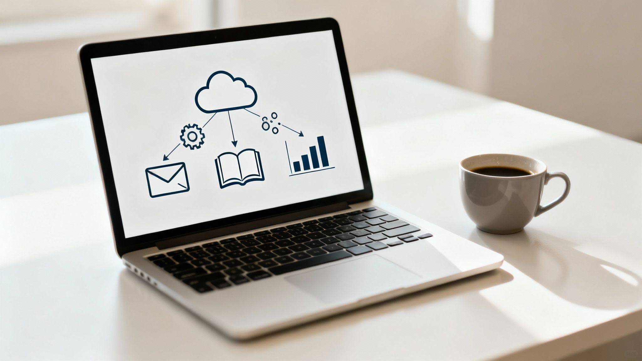 A laptop displaying cloud computing concepts with icons for email, settings, learning, and analytics, next to a coffee cup.