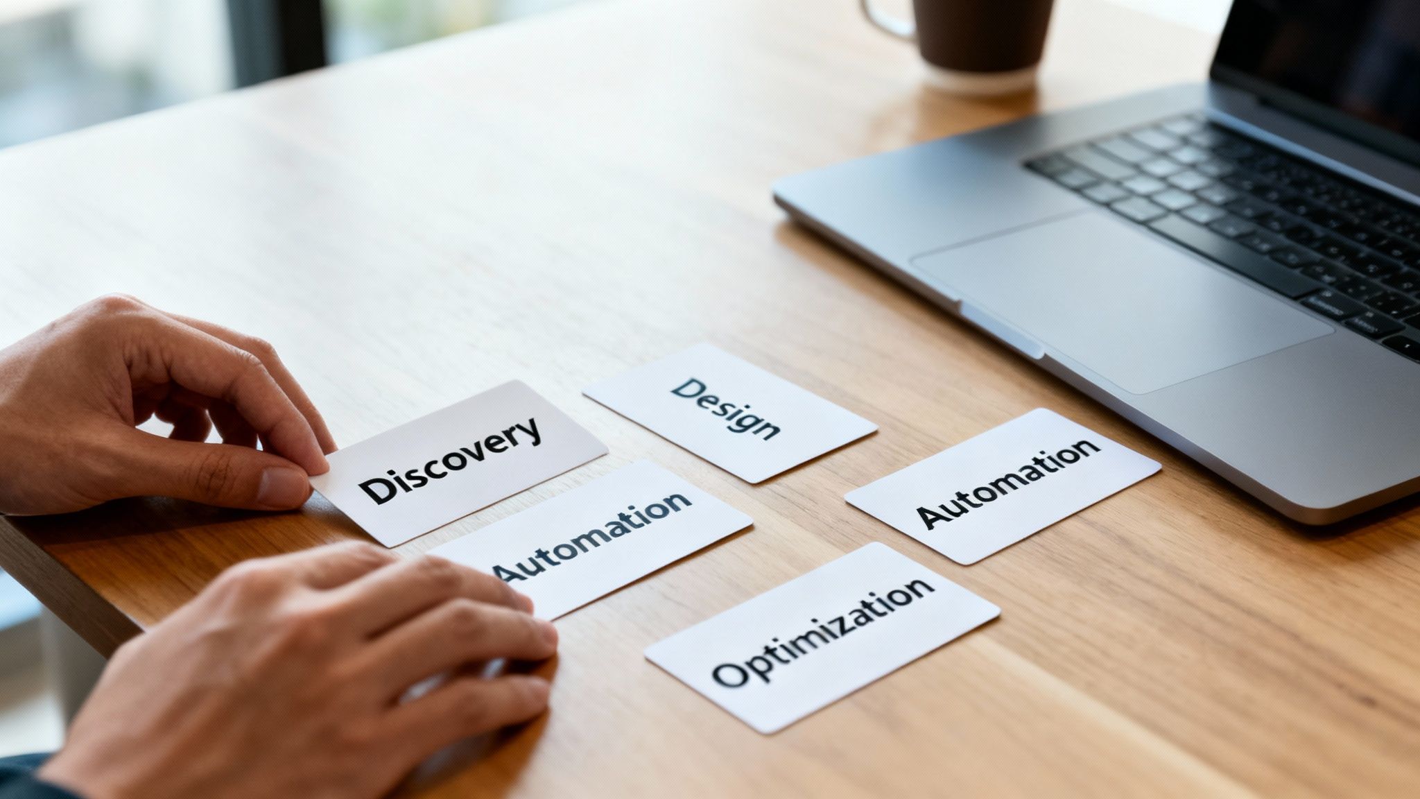 Hands arranging white cards with 'Discovery', 'Design', 'Automation', 'Optimization' on a wooden table.