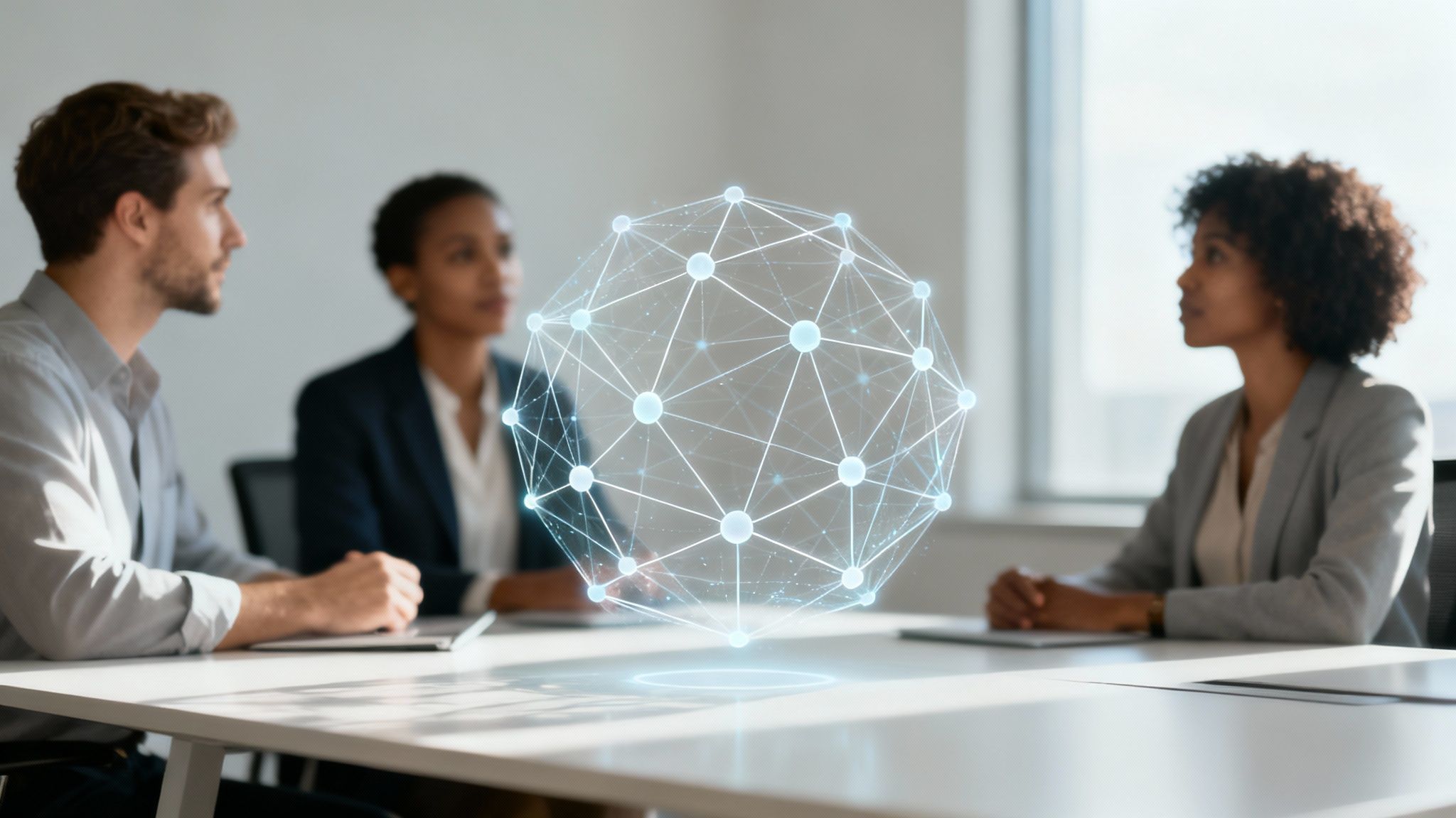 Diverse business professionals in a meeting observing a glowing holographic globe, symbolizing data and network connections.