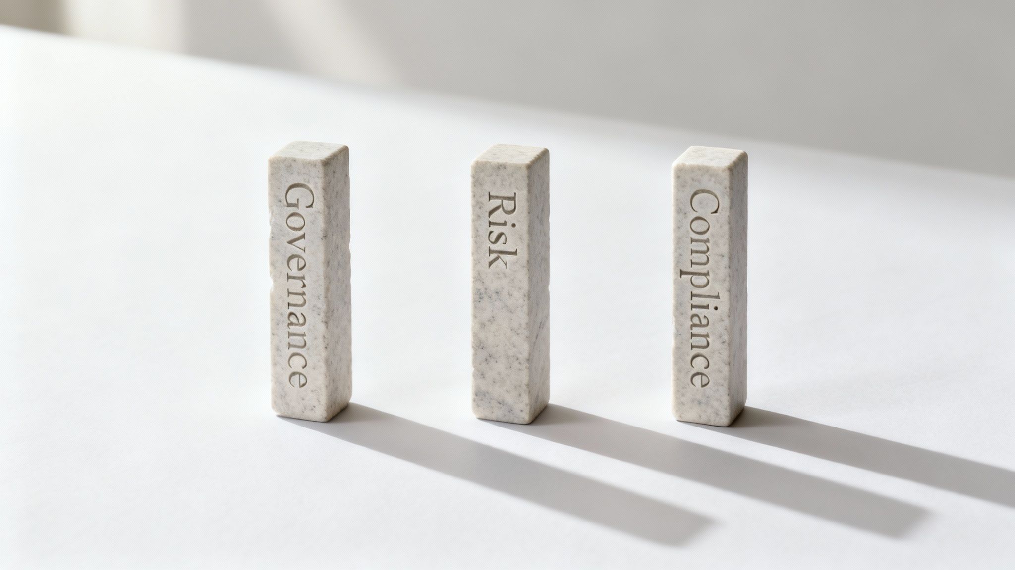Three stone blocks labeled "Governance", "Risk", and "Compliance" standing on a white surface.