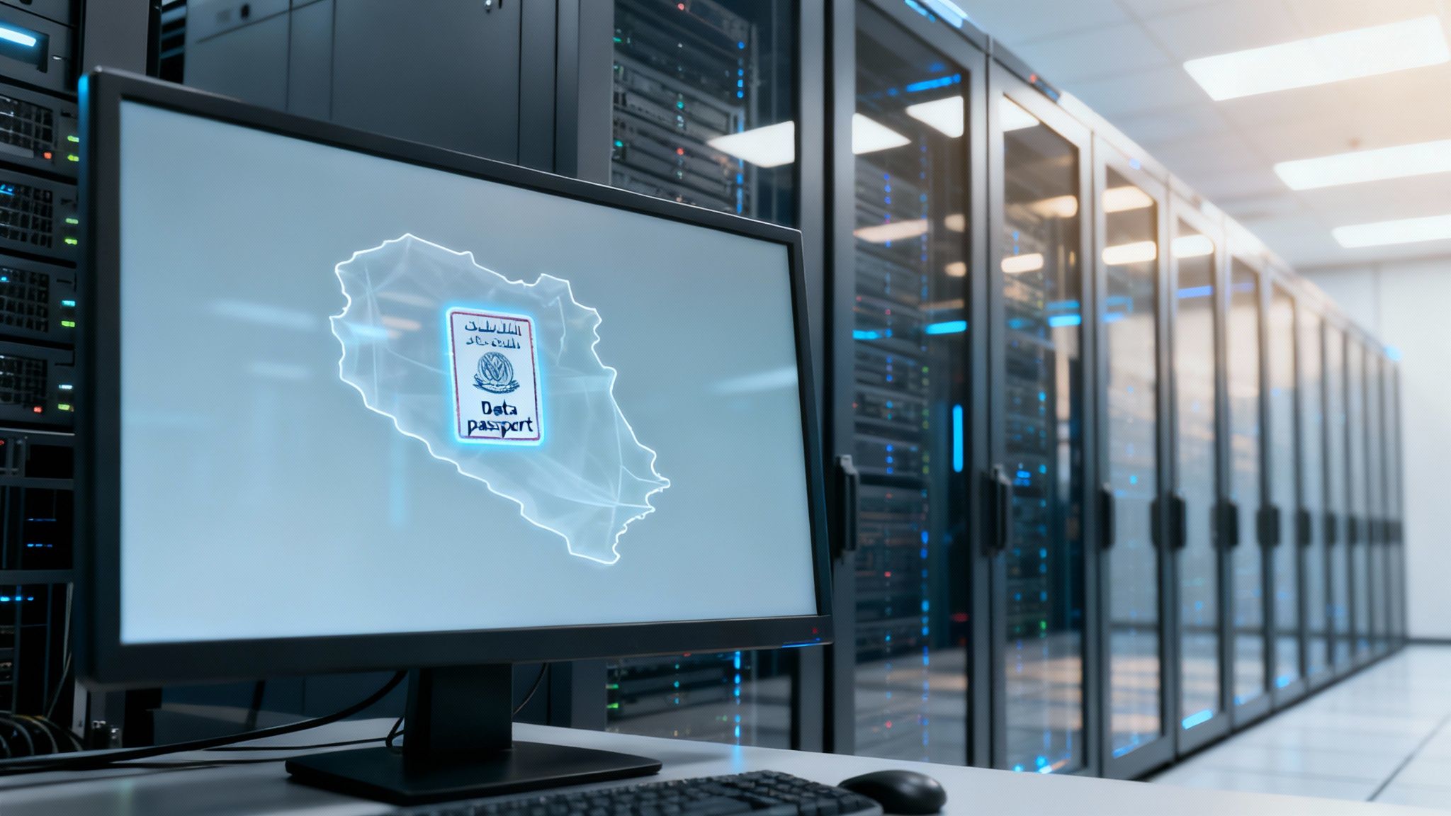A computer monitor displays a 'Data Passport' graphic over a map outline in a modern data center with server racks.