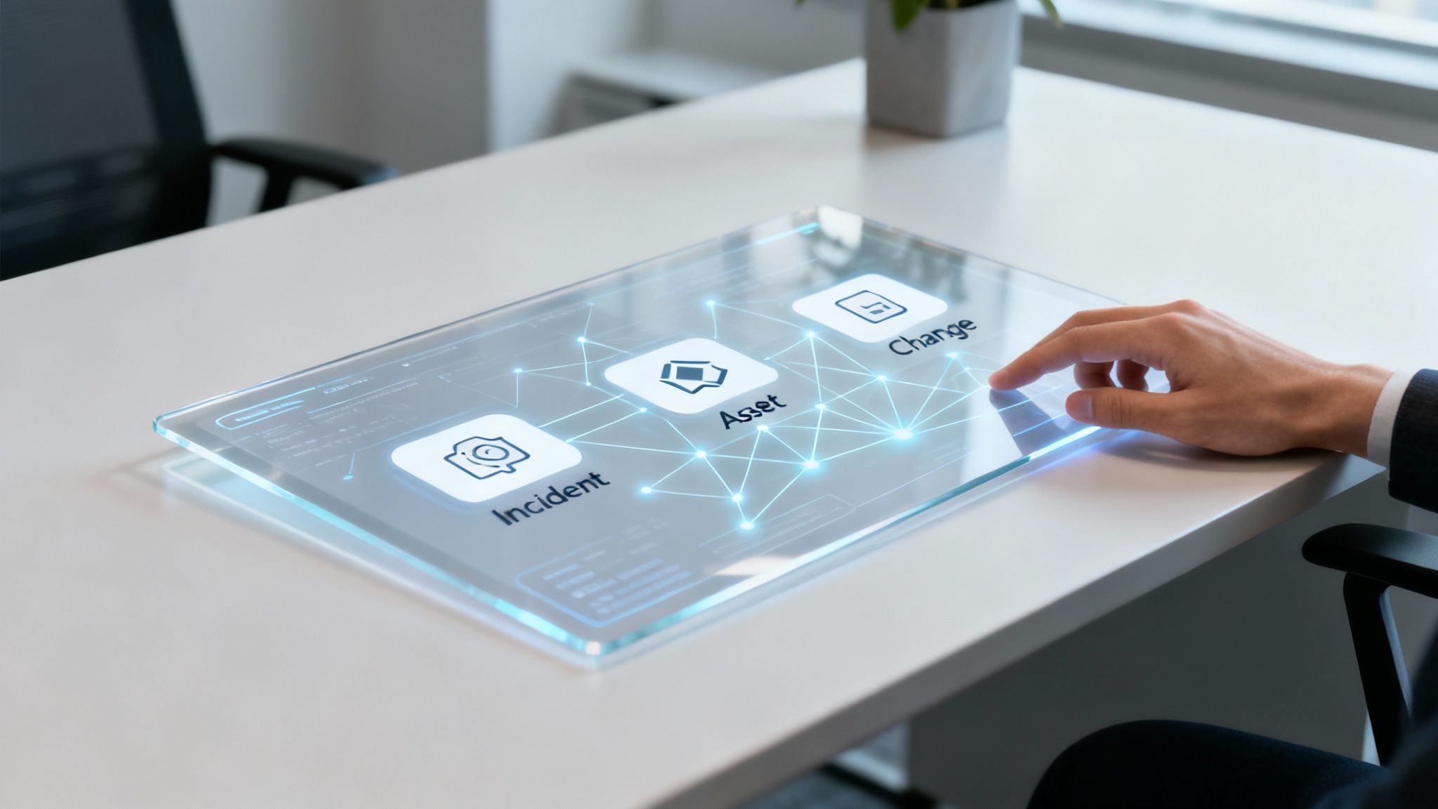 Hand interacting with holographic ITSM interface displaying incident, asset, and change management modules on transparent screen