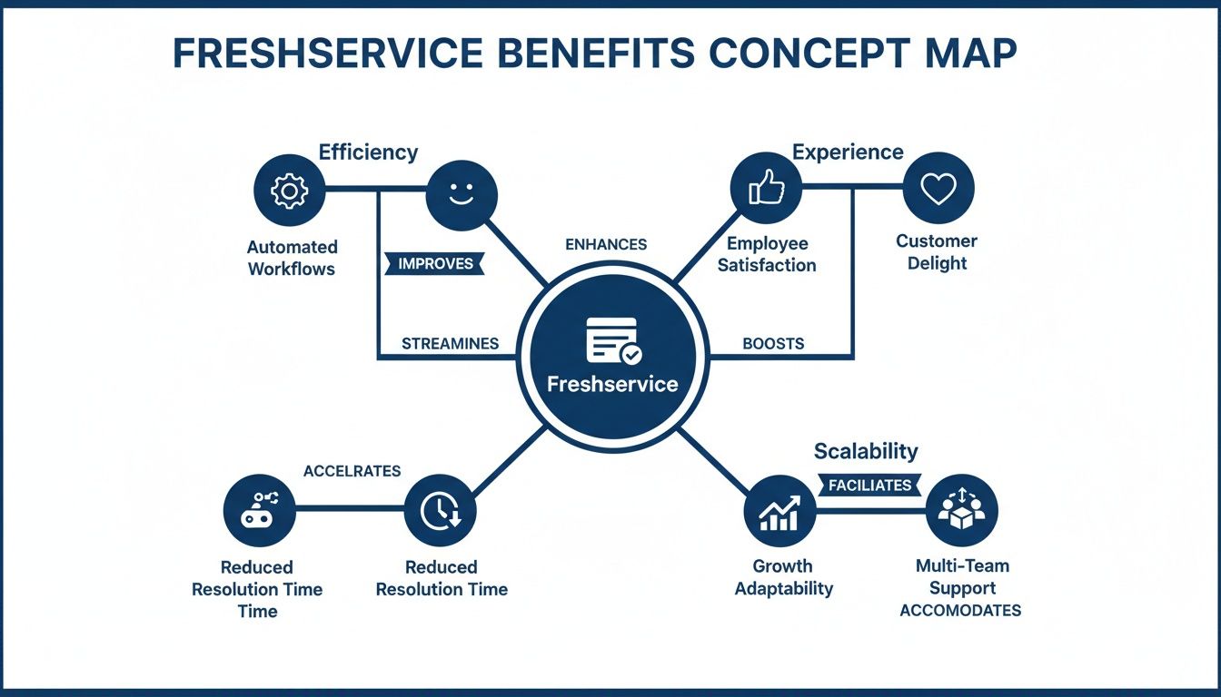 A concept map illustrating Freshservice benefits including efficiency, experience, reduced resolution time, and scalability.
