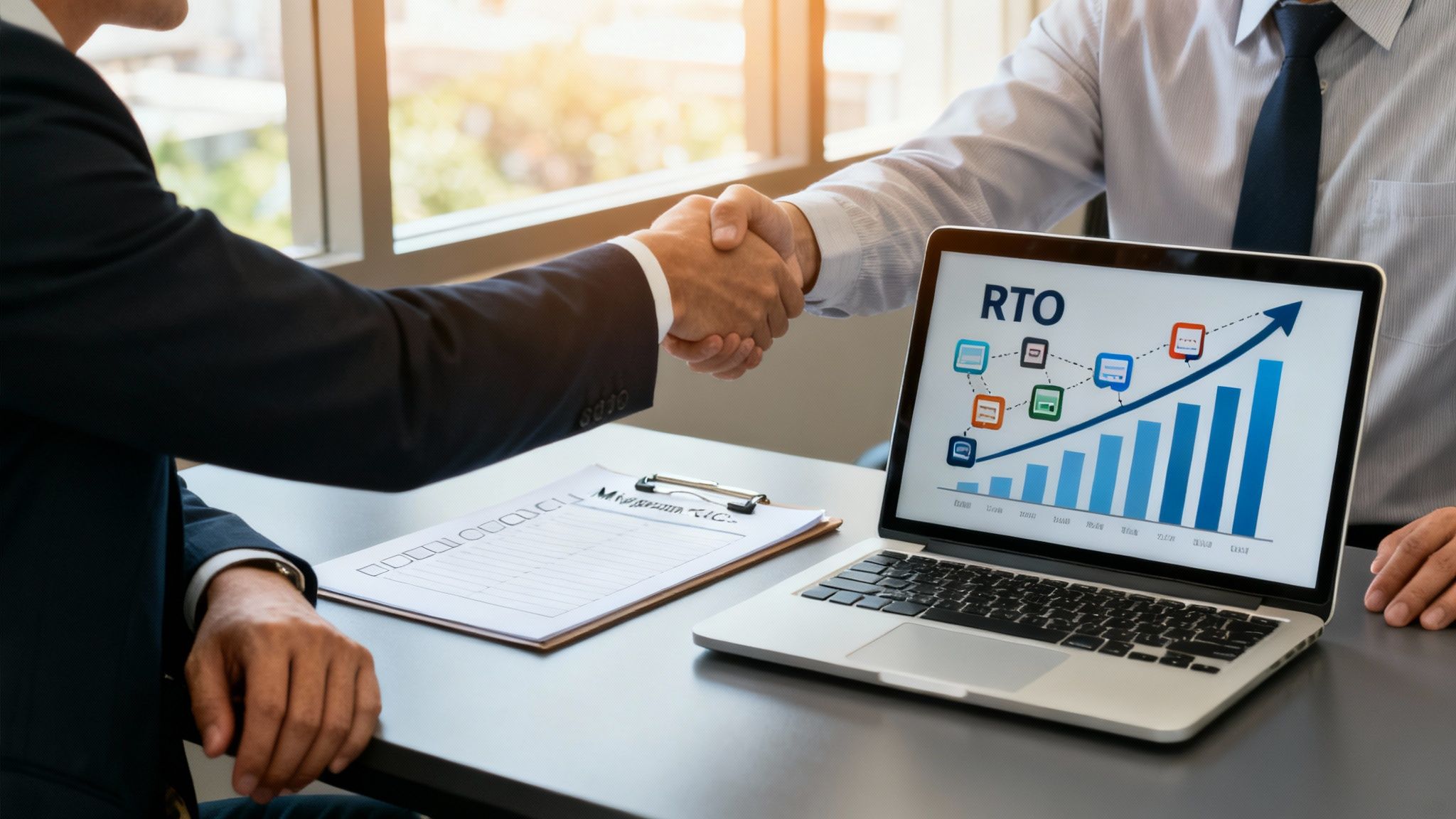 Two businessmen shake hands over a desk, a laptop displays an RTO growth chart.