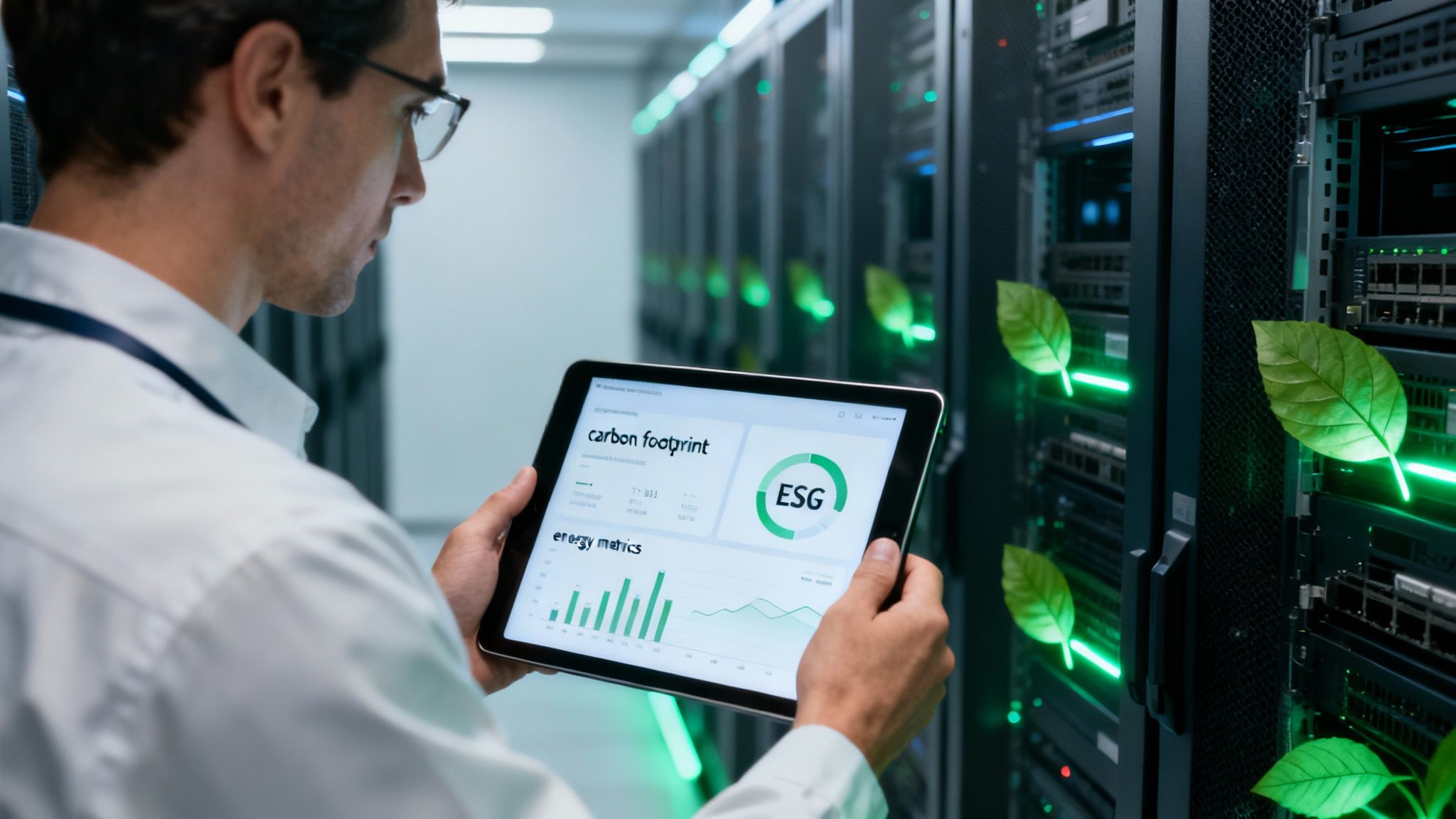 IT professional analyzes sustainability metrics on a tablet in a green-lit data center.