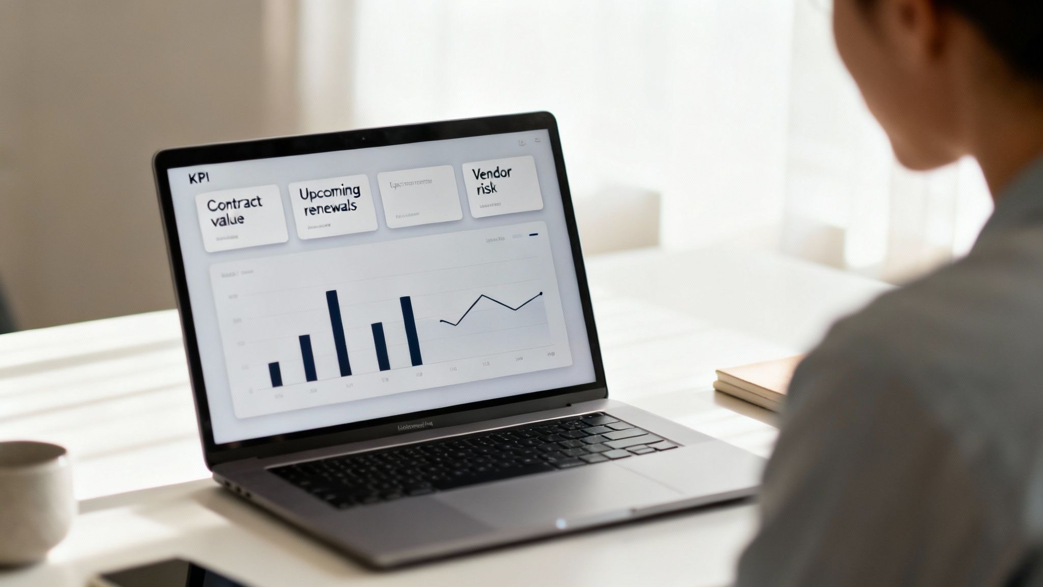 A person views a laptop displaying a KPI dashboard for contract management, showing value, renewals, and risk.