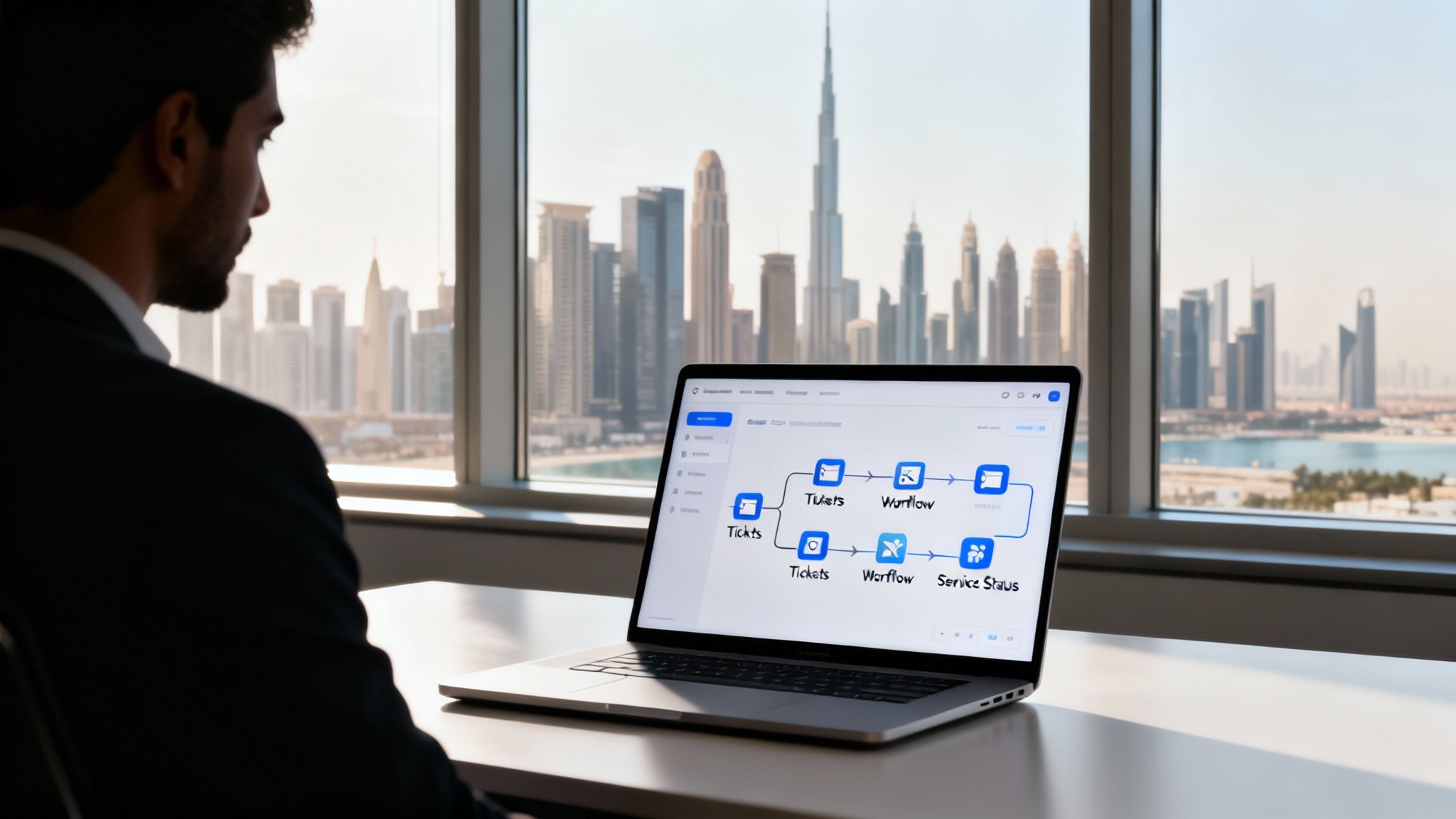 A businessman views a workflow diagram on a laptop, overlooking a stunning city skyline with skyscrapers.