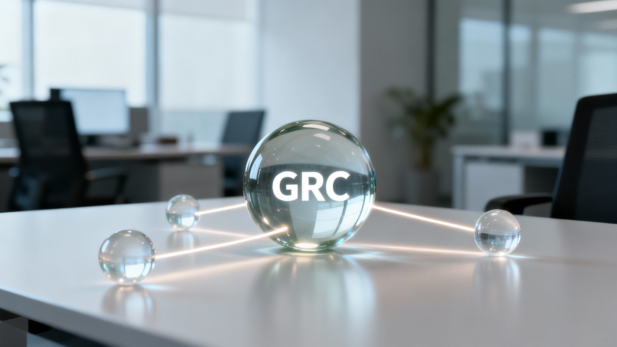 A large glass sphere with 'GRC' on a table, connected to smaller spheres by glowing lines.