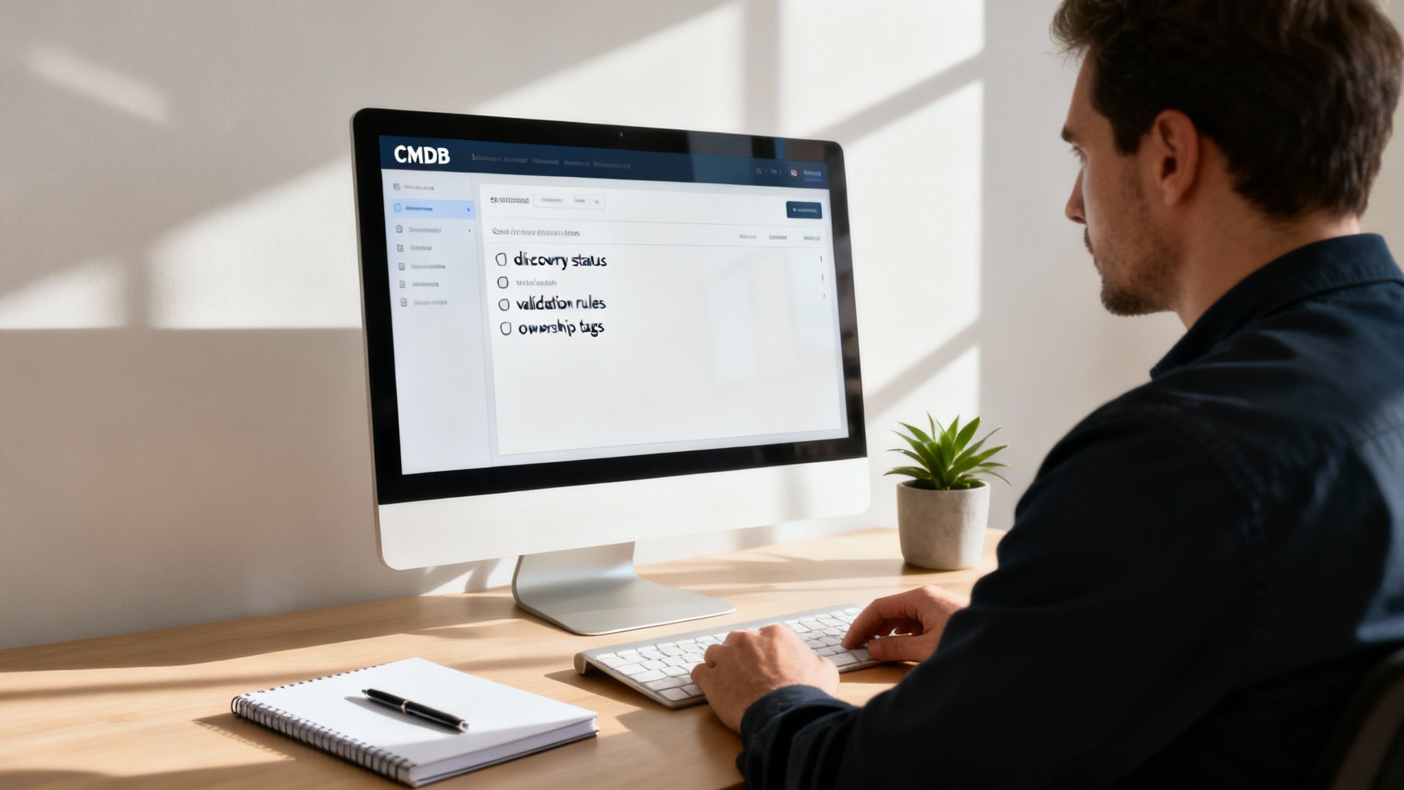 Man typing on a keyboard, viewing a CMDB software interface with a checklist on a clean desk.