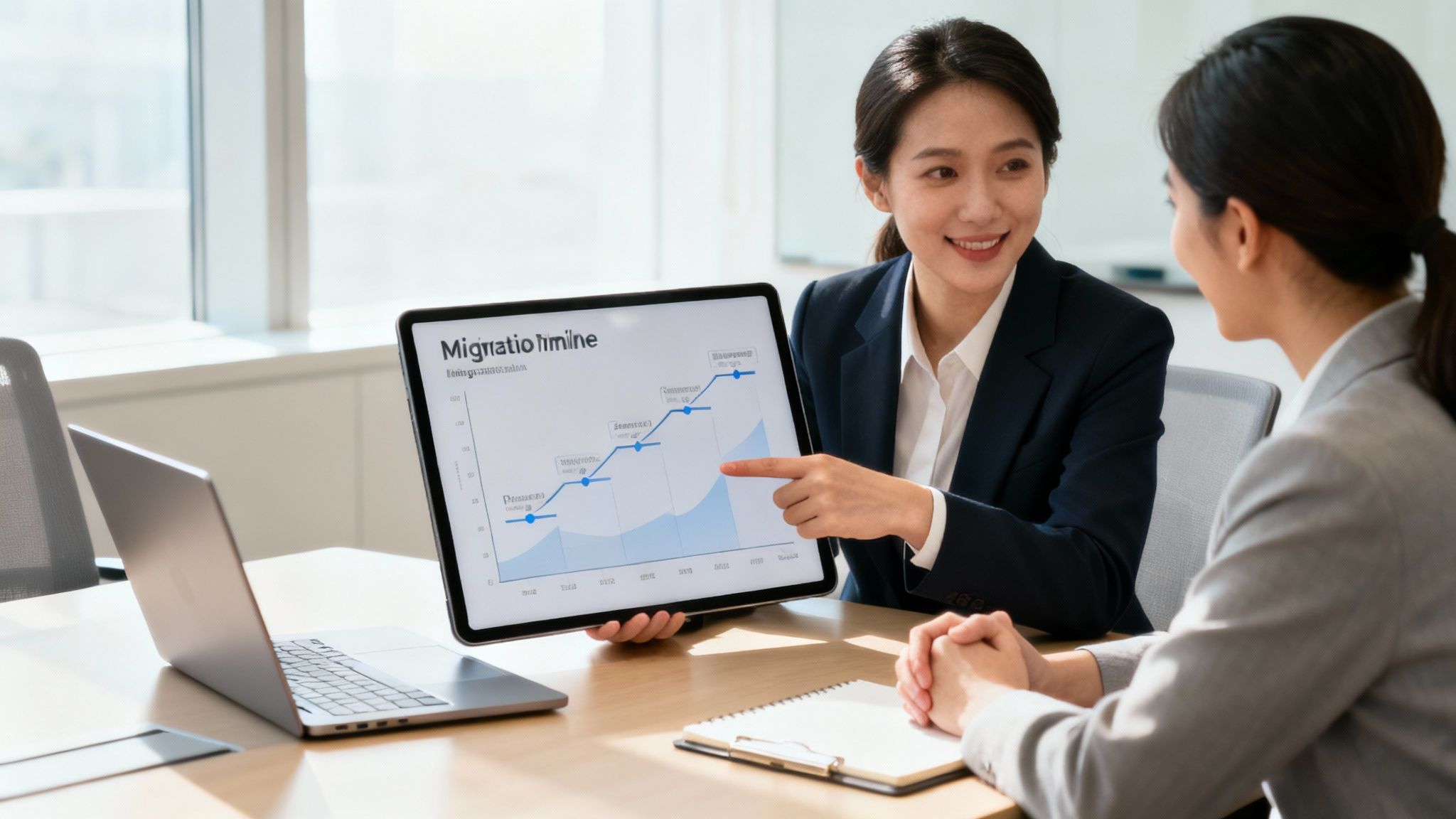 Business professional presenting migration timeline chart on tablet during client consultation meeting