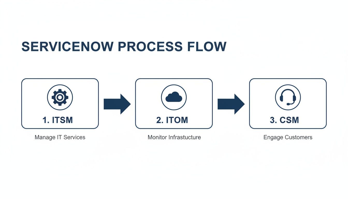 A ServiceNow process flow diagram illustrating IT Service Management (ITSM), IT Operations Management (ITOM), and Customer Service Management (CSM).