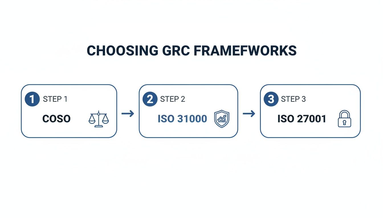 Diagram showing a 3-step process for choosing GRC frameworks: COSO, ISO 31000, and ISO 27001.