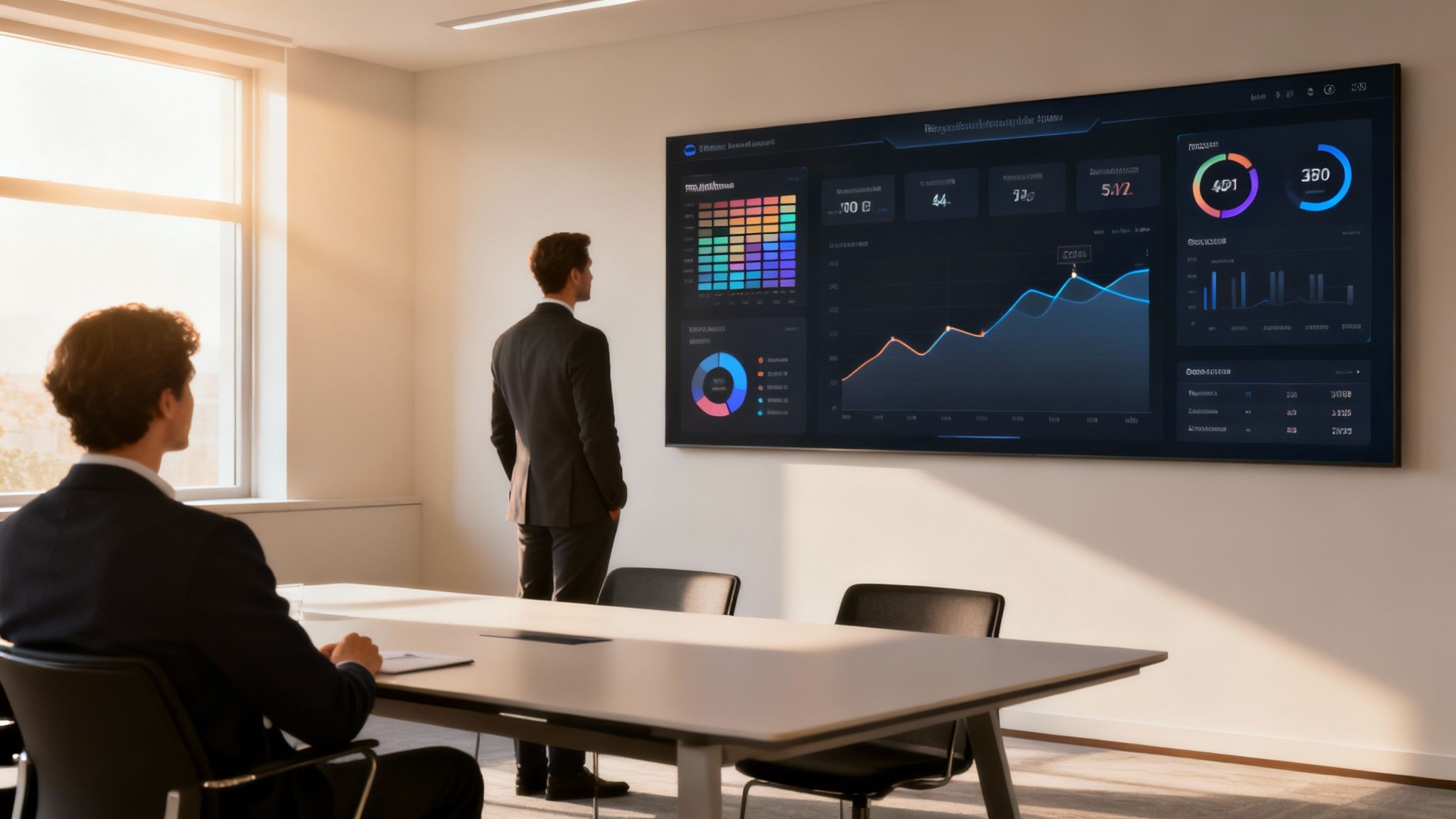 Two businessmen in a modern meeting room viewing data on a large digital display.