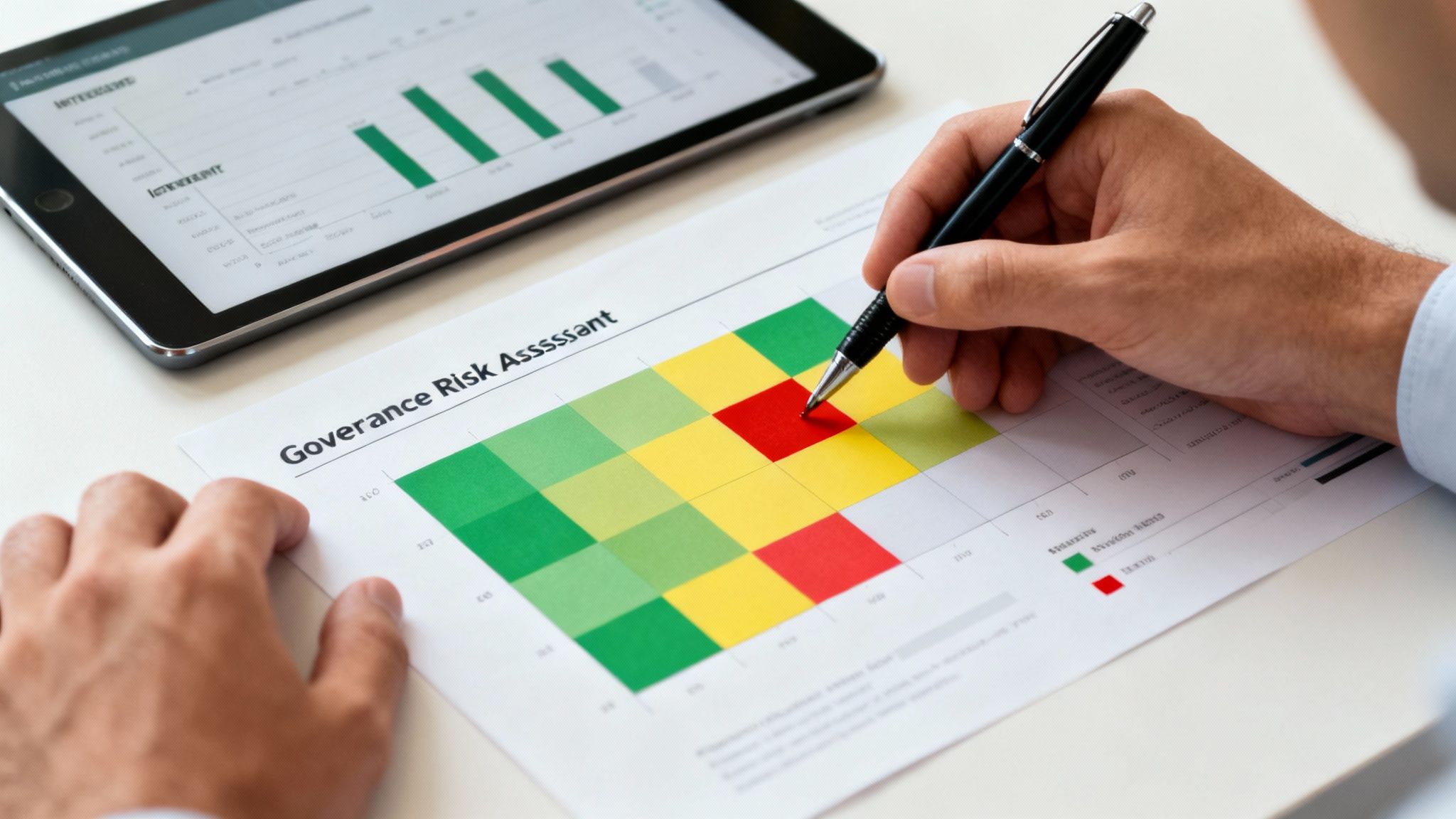 A person reviews a governance risk assessment matrix with a pen, next to a tablet showing charts.