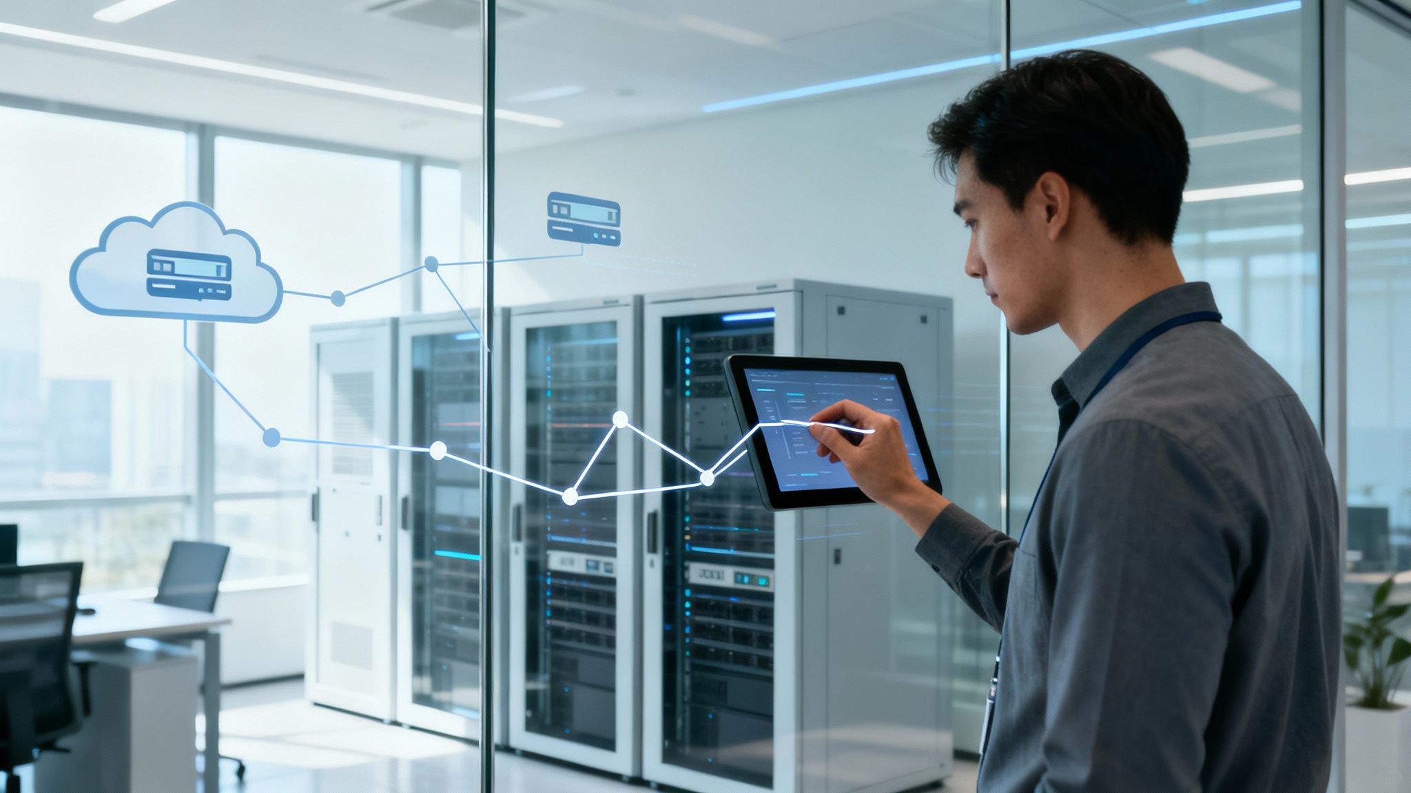 Man monitors server racks and cloud infrastructure using a tablet with augmented reality visualizations.
