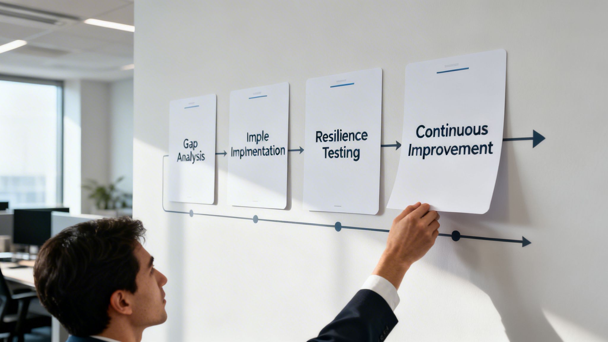 A person places a 'Continuous Improvement' card on an office wall flowchart detailing business processes.