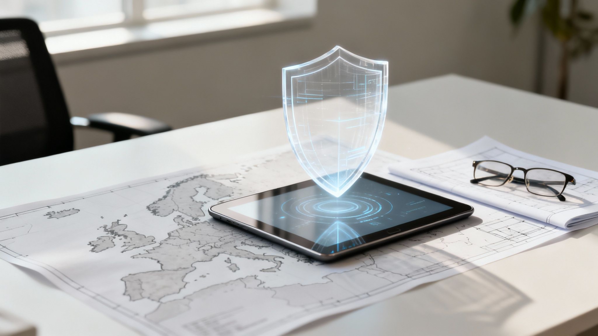 Holographic shield icon rising from a tablet on a desk with a map of Europe.