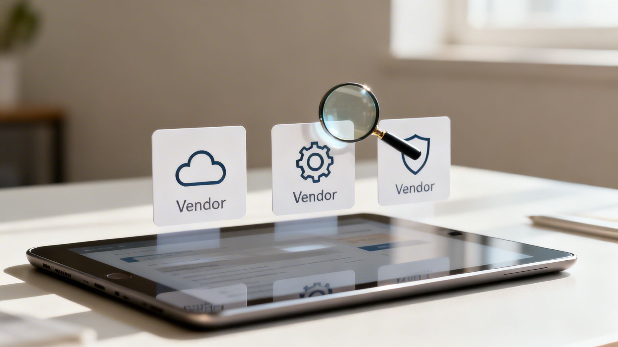 Digital tablet on a desk with floating icons: cloud, gear, and shield, all labeled 'Vendor', with a magnifying glass searching.