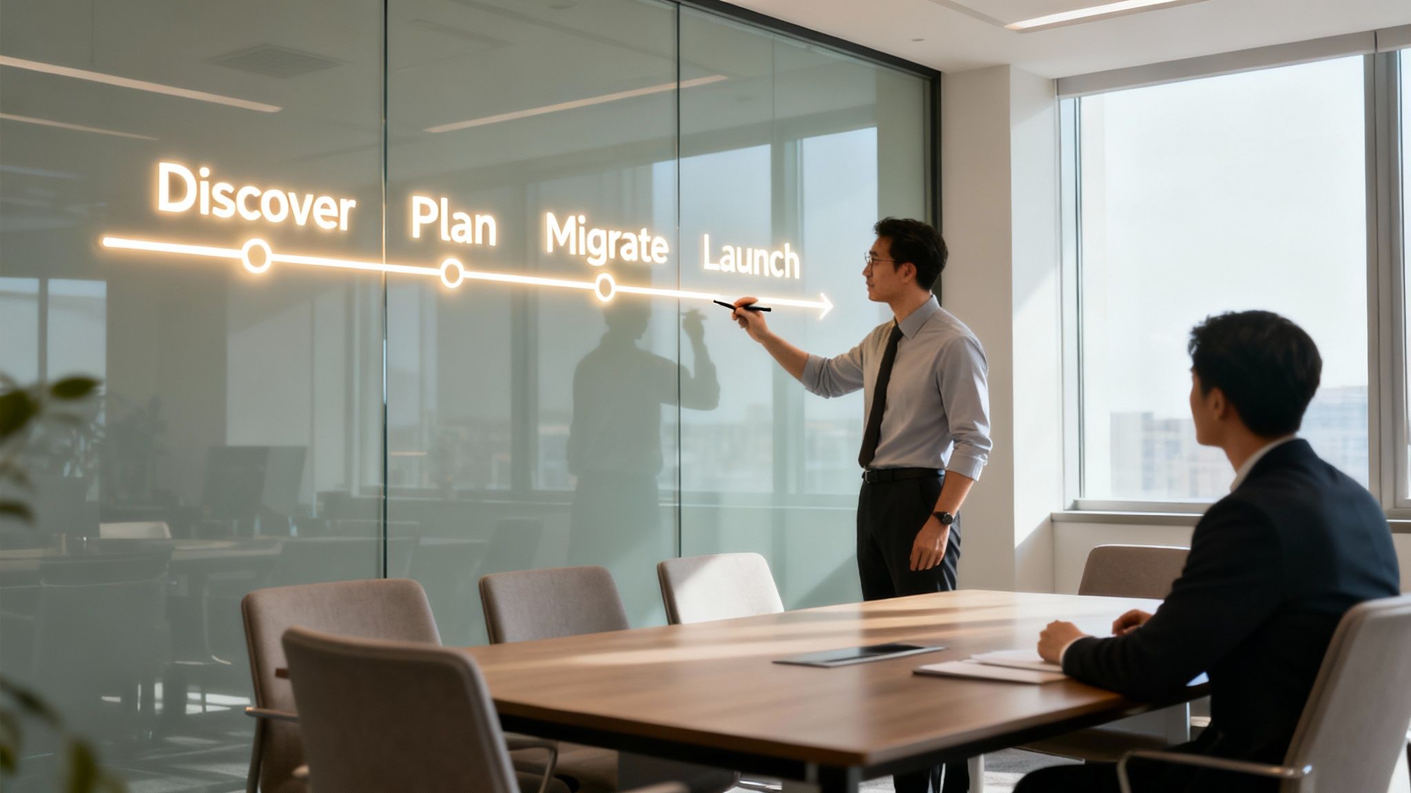 Two businessmen discussing a glowing digital transformation timeline with stages Discover, Plan, Migrate, Launch in a modern office.