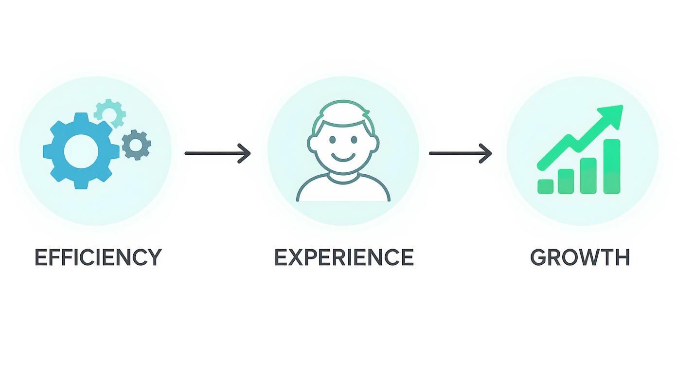 Business workflow diagram showing efficiency leads to experience then growth with gears person and chart icons