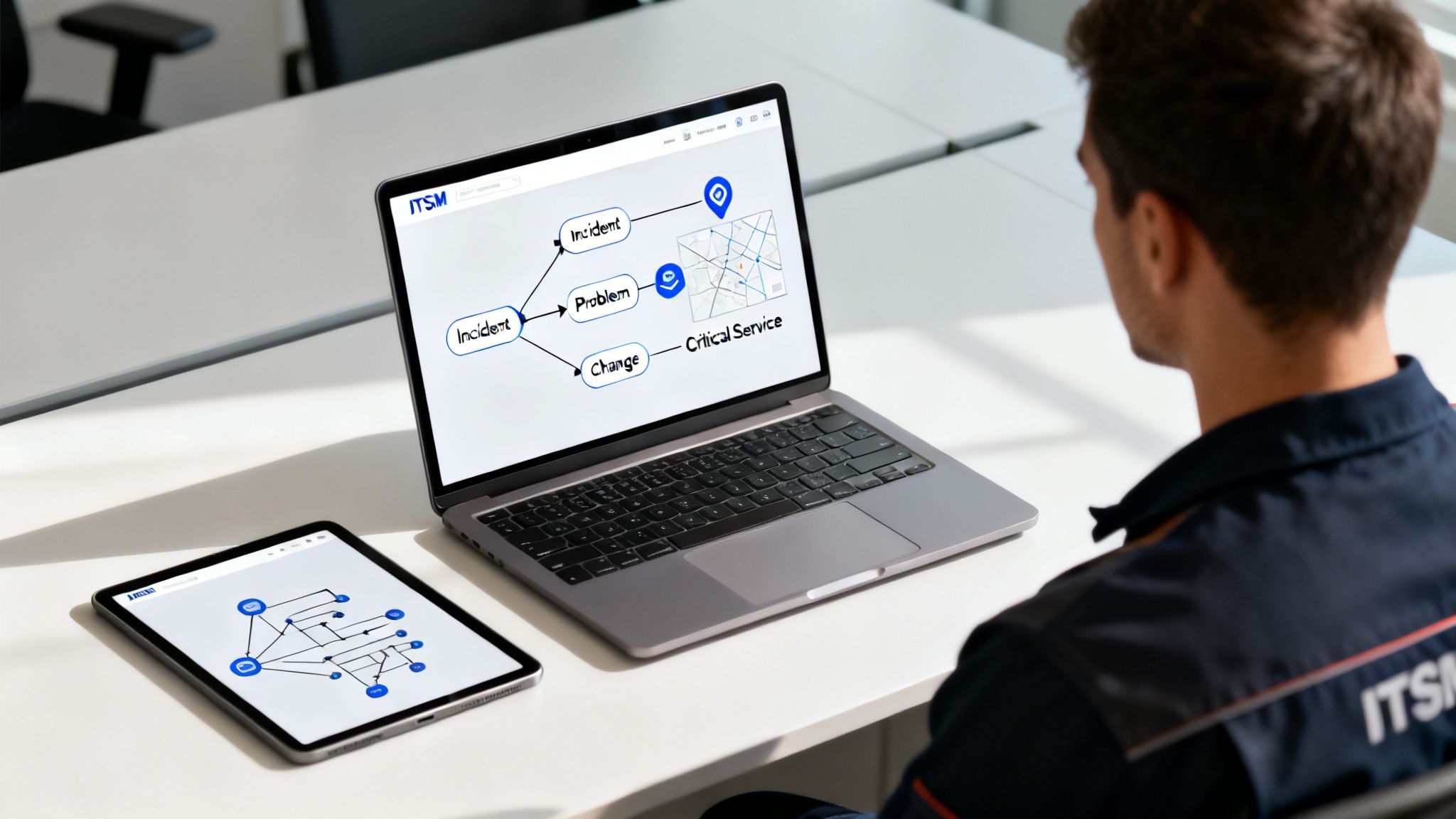 A person in an ITSM uniform views IT service management diagrams on a laptop and tablet.