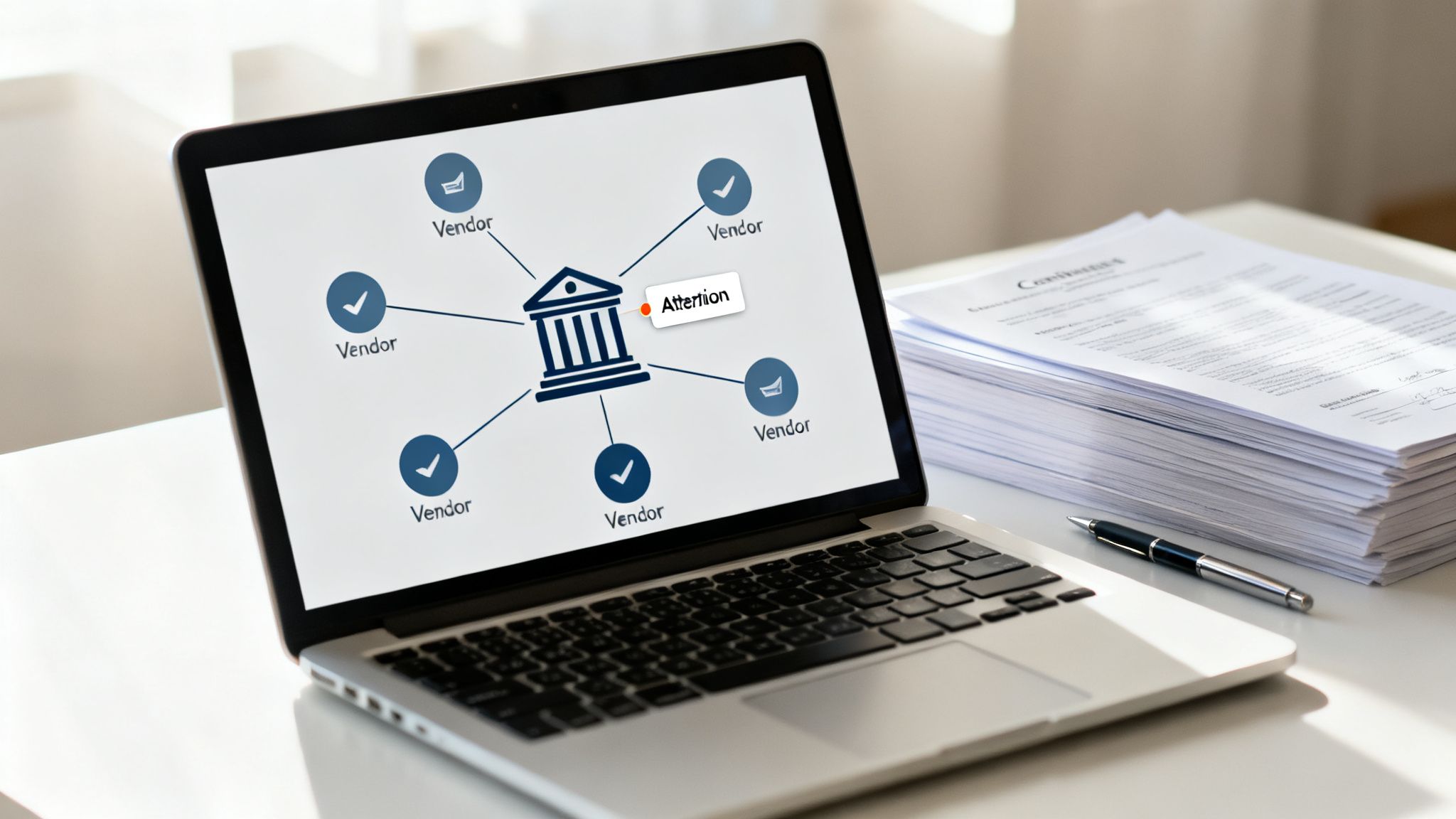 A laptop displays a digital operational resilience act diagram with a central institution and vendors, one flagged for 'Attention'.