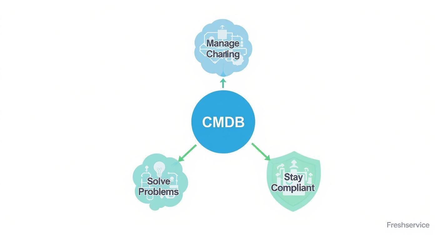 A diagram showing CMDB in the center, connecting to Manage Change, Solve Problems, and Stay Compliant.