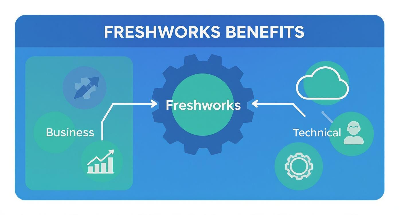 A diagram titled Freshworks Benefits, showing business and technical advantages flowing into Freshworks.