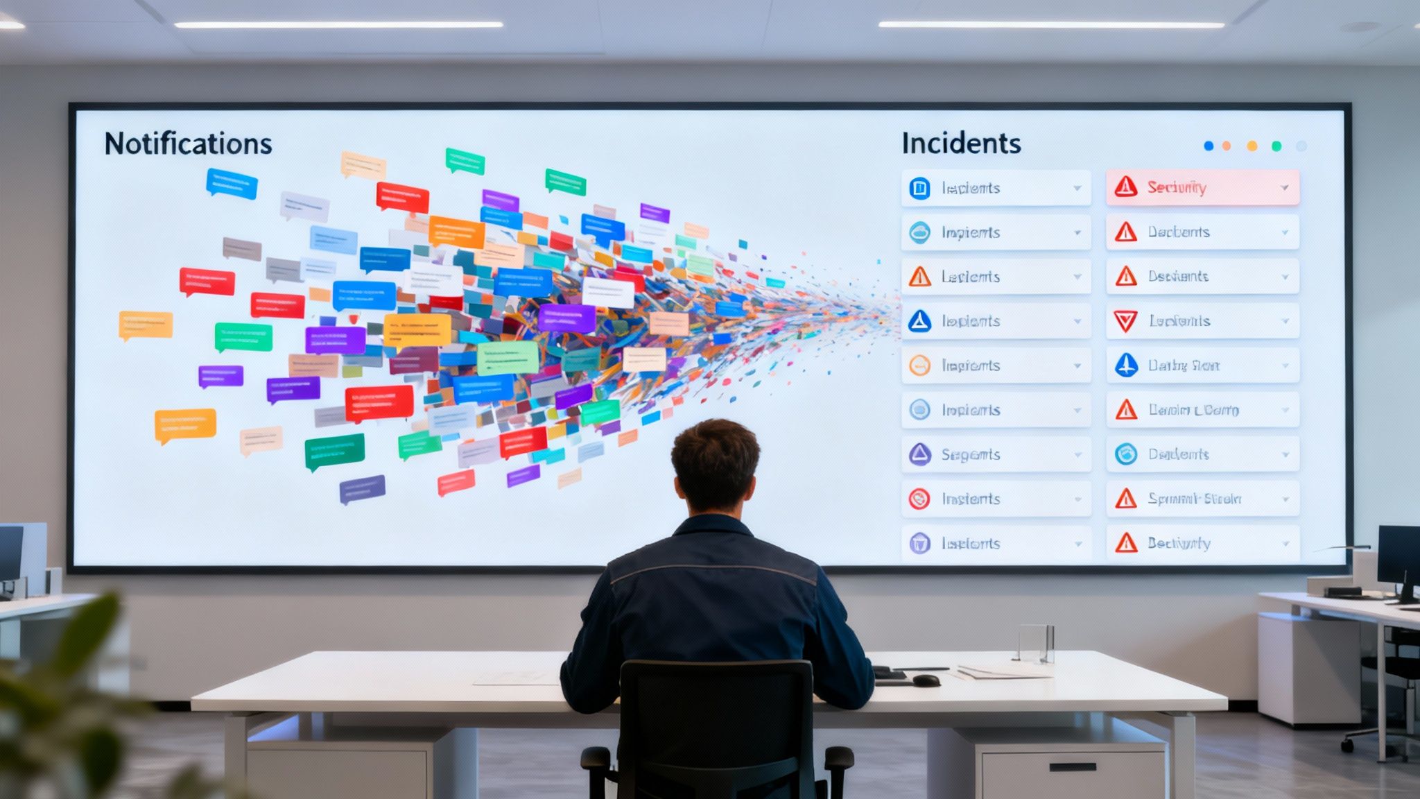 A person views a large screen displaying a dashboard of notifications and incident alerts.