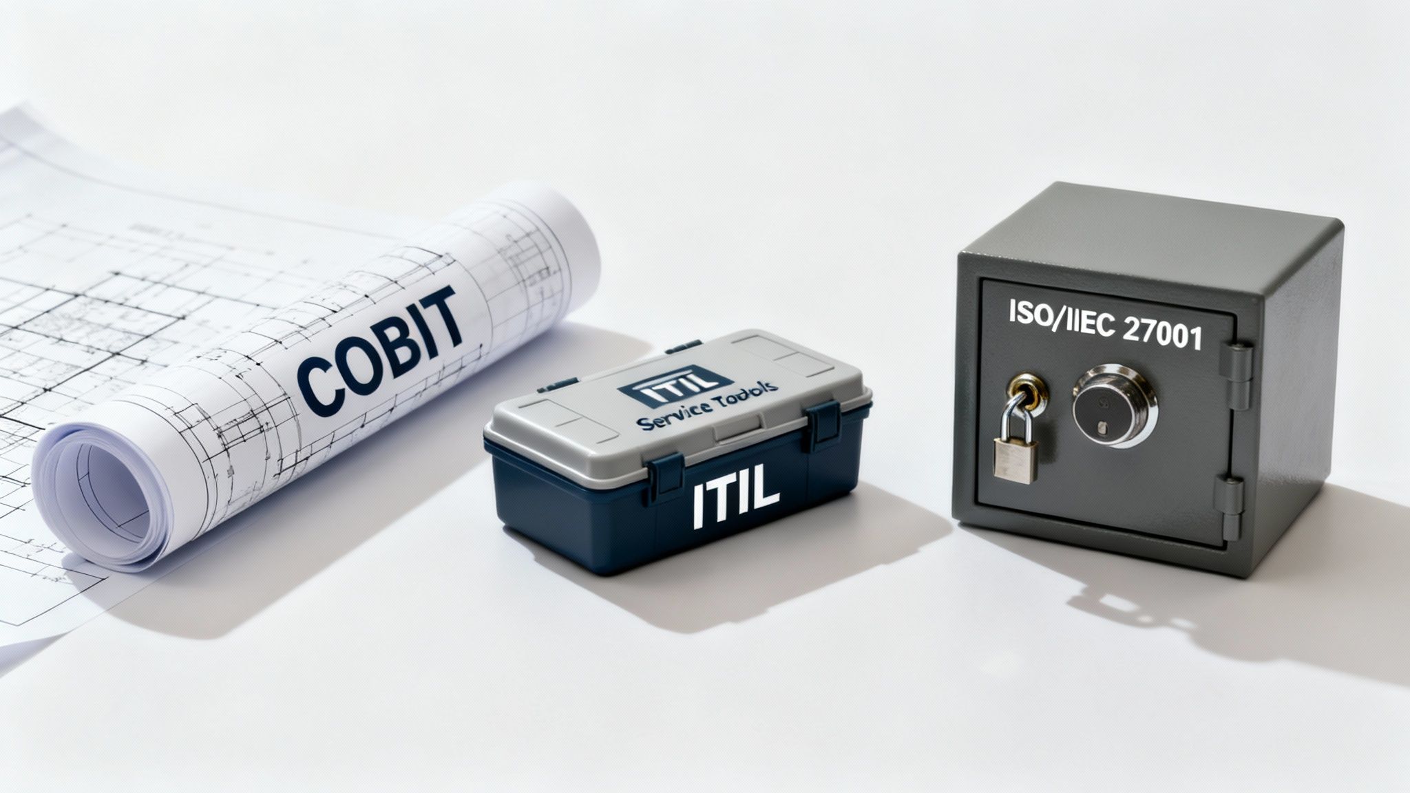 IT governance and security concepts shown with COBIT, ITIL, and ISO/IEC 27001 symbols.