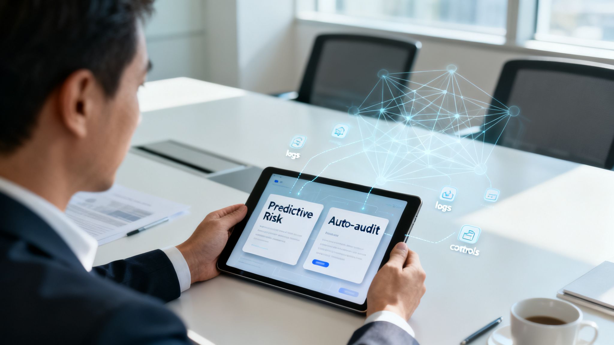 A man views a tablet displaying predictive risk and auto-audit features with data network holograms.