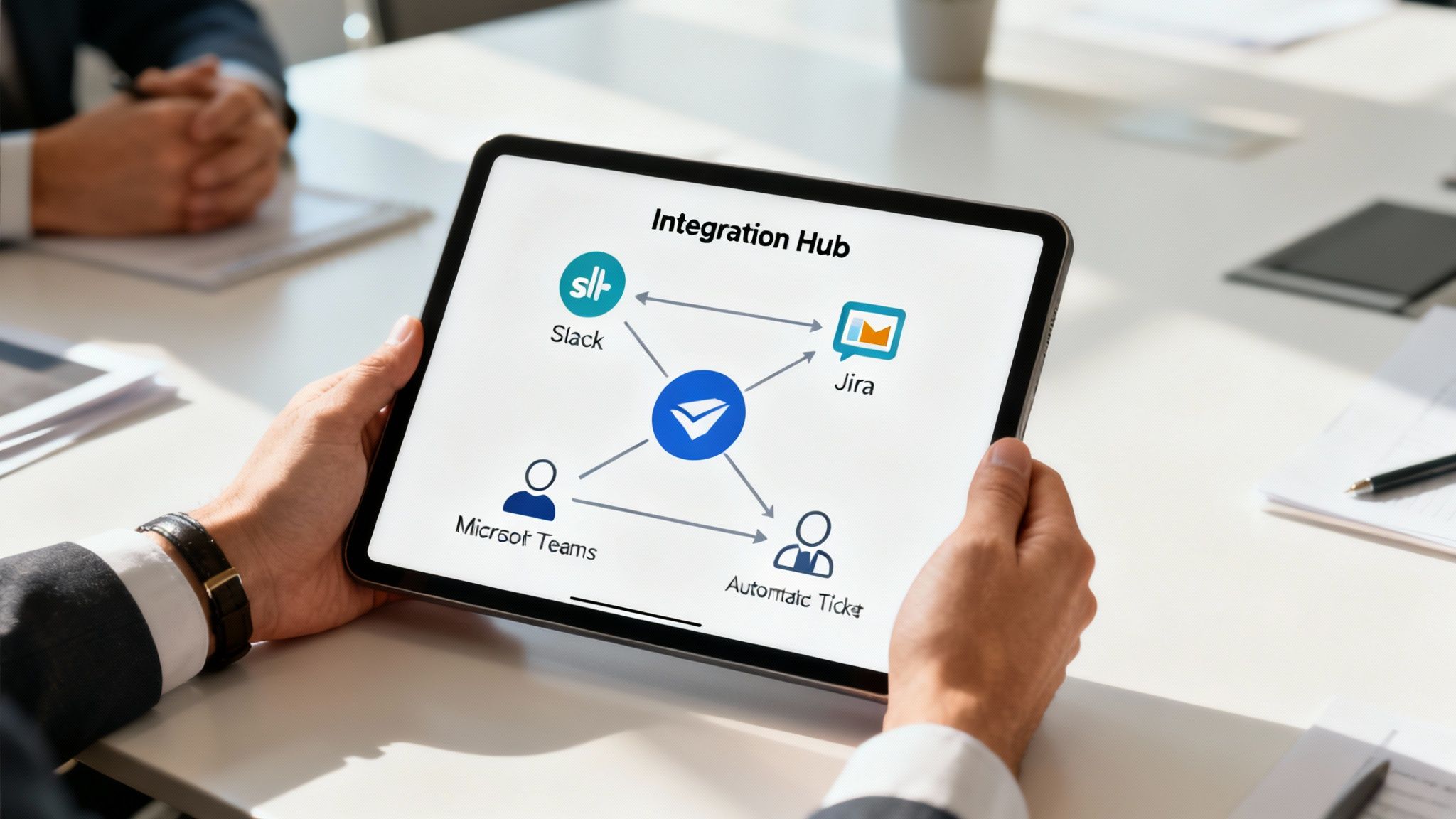 A person holds a tablet displaying an &#39;Integration Hub&#39; diagram for business software integration.