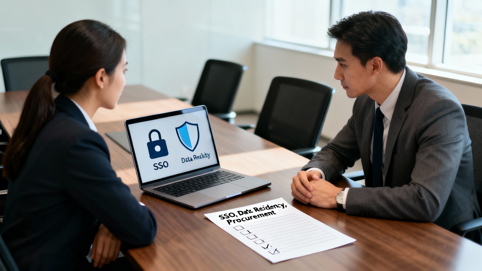 Two business professionals discussing data security and procurement topics displayed on a laptop and document.