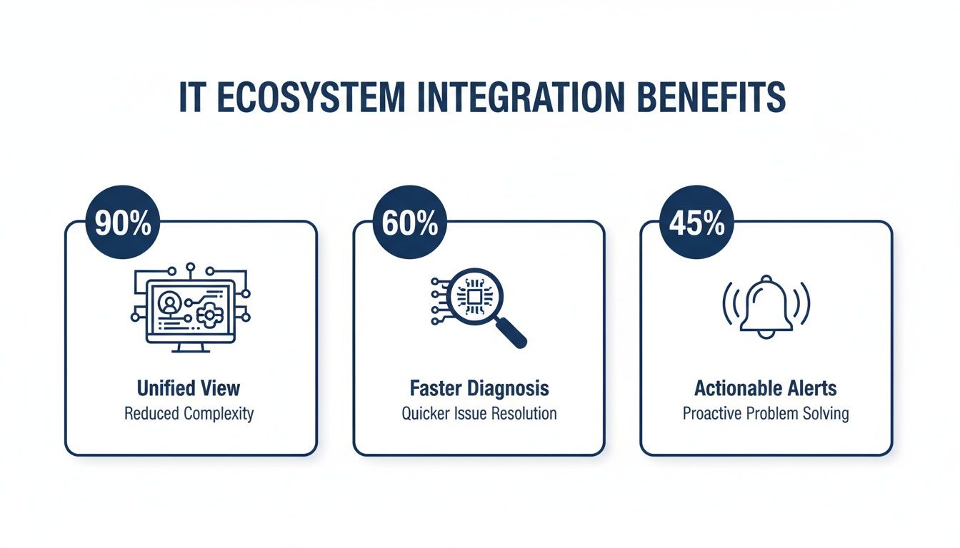 Infographic showing IT ecosystem integration benefits: unified view, faster diagnosis, and actionable alerts.
