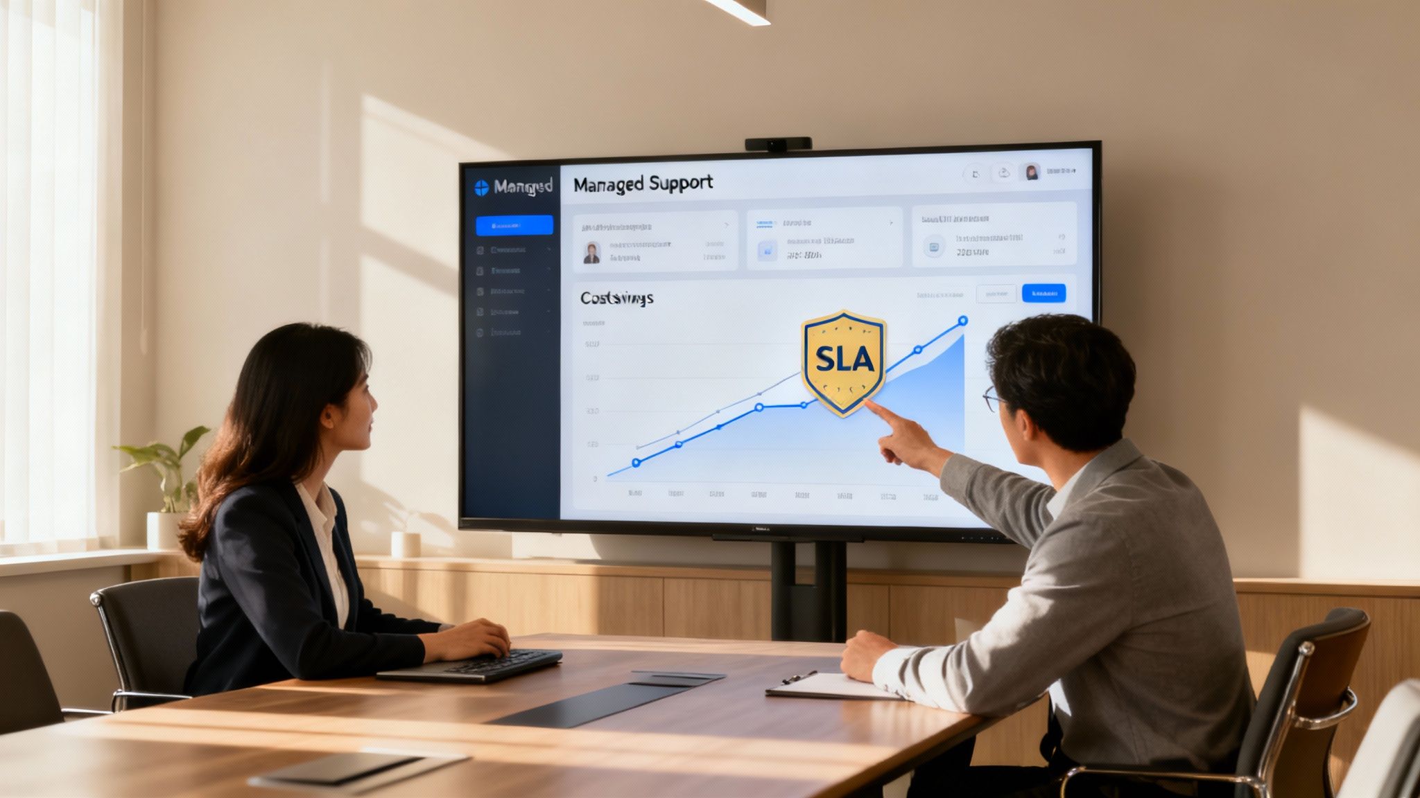 Two professionals discuss managed support, cost savings, and SLA performance on a large screen.