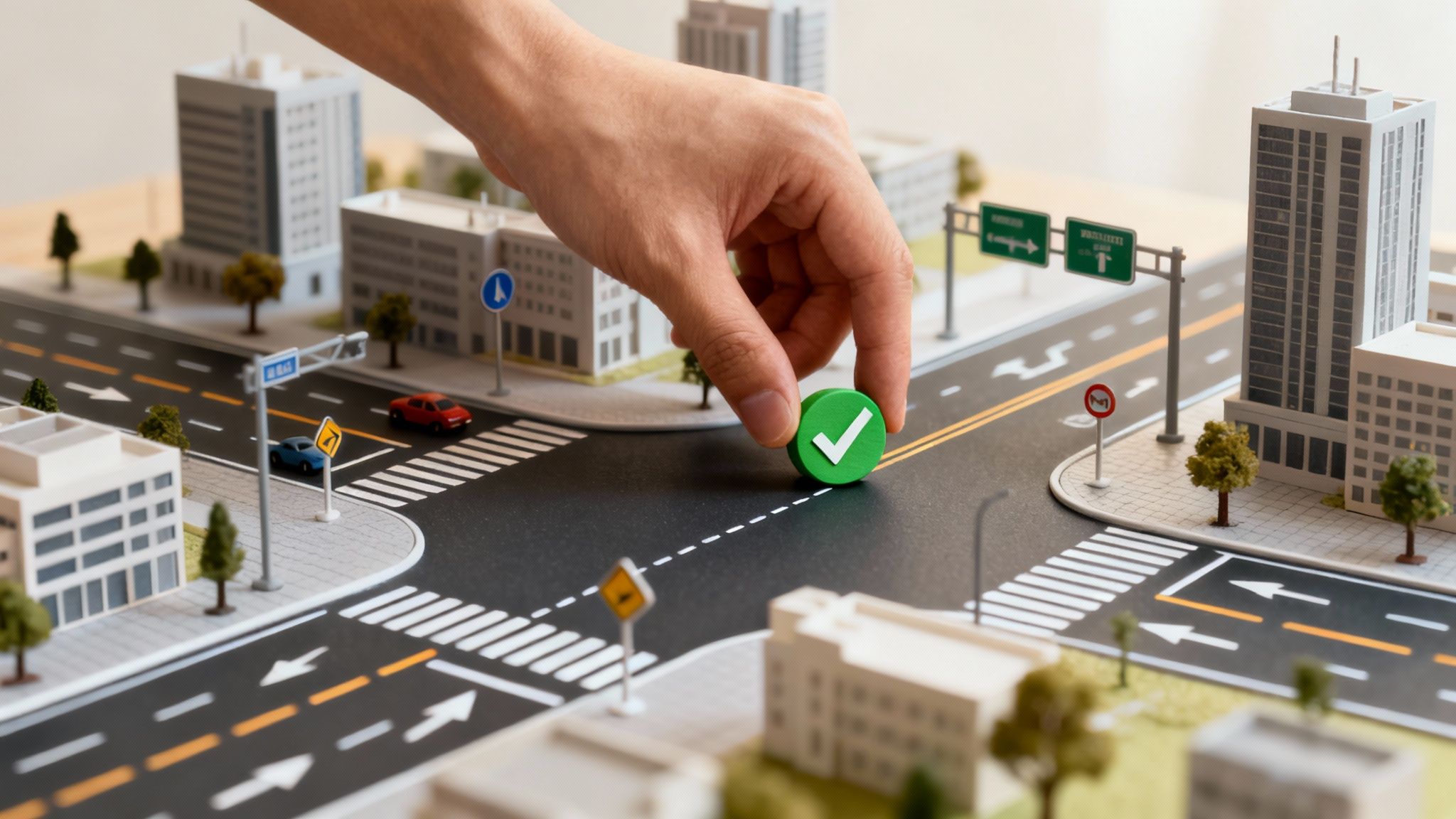 A hand places a green checkmark token onto a miniature city model, symbolizing approval or completion.
