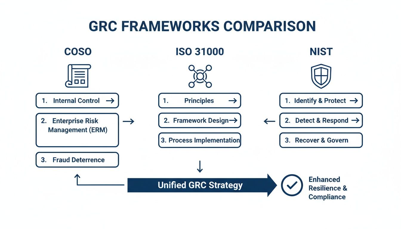 Visual comparison of COSO, ISO 31000, and NIST GRC frameworks leading to a unified strategy.