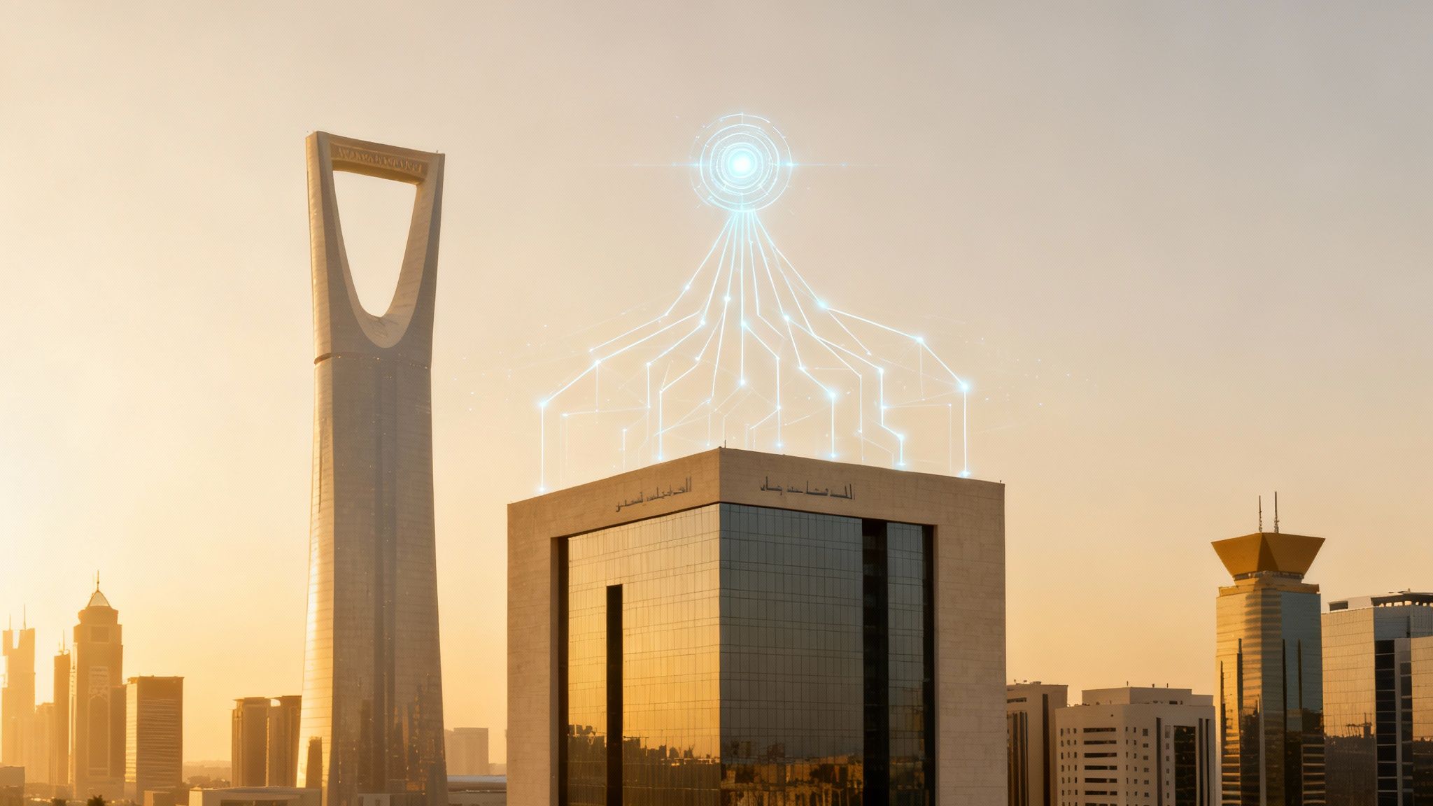 Riyadh cityscape at sunset, featuring Kingdom Centre skyscraper and a building with digital network connections.