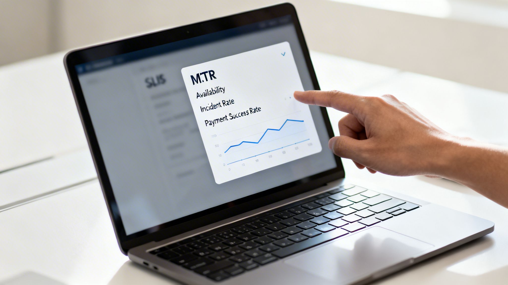 A hand interacts with a laptop showing a data report with a line graph for M.TR metrics.