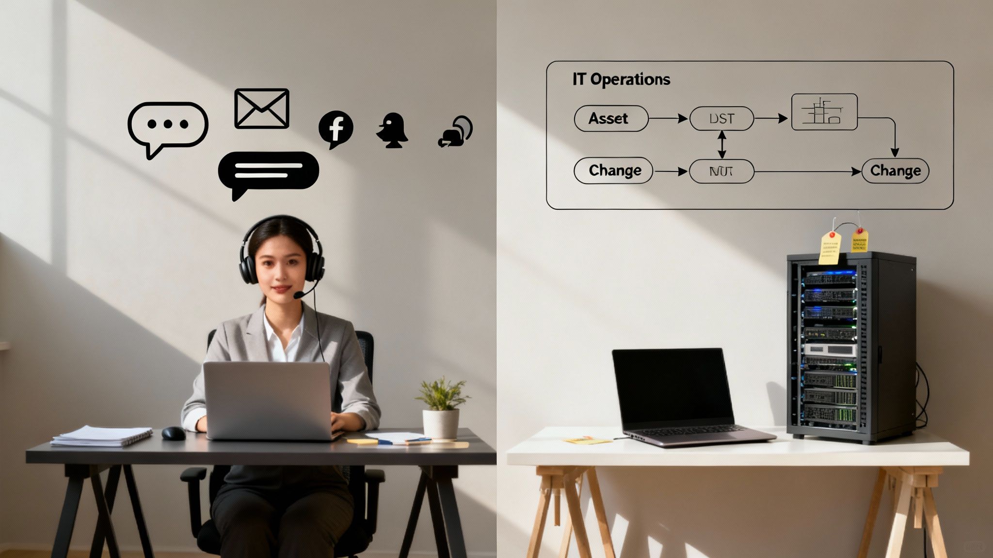 A woman with a headset works at a desk, surrounded by communication icons, next to an IT operations diagram and server rack.