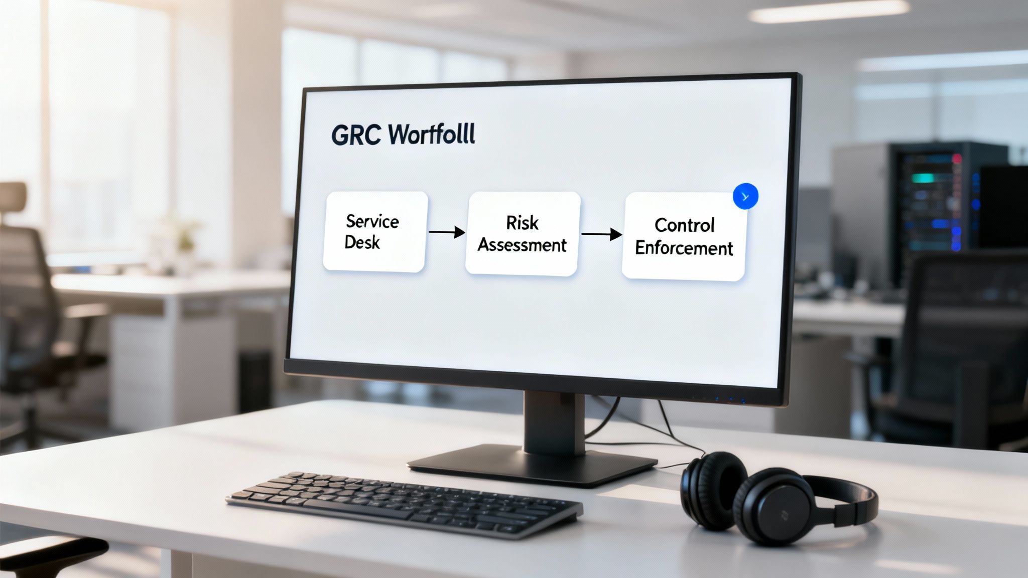 A computer monitor displays a GRC workflow diagram with steps: Service Desk, Risk Assessment, and Control Enforcement in an office.
