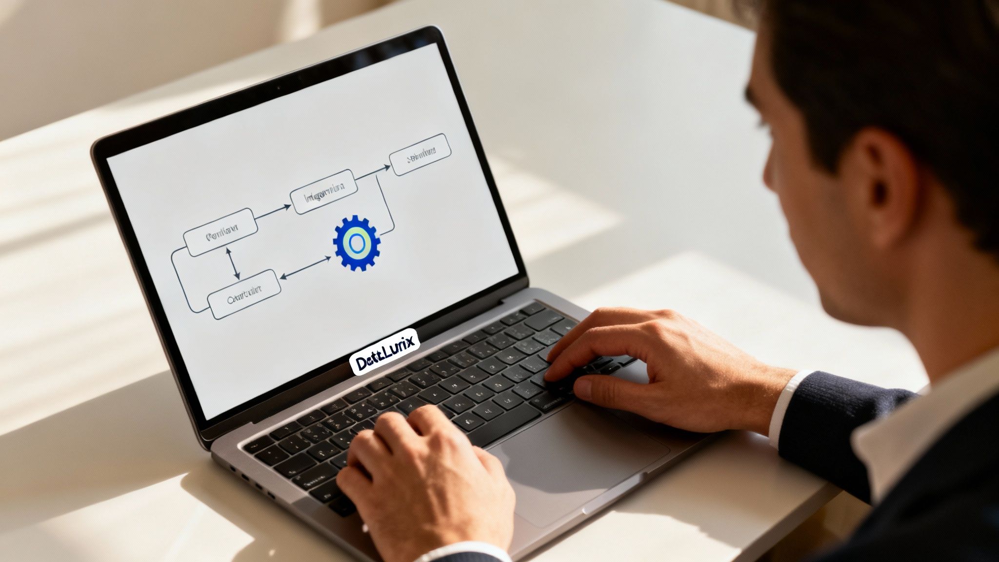 A man typing on a laptop displaying a business process workflow diagram with a gear icon.