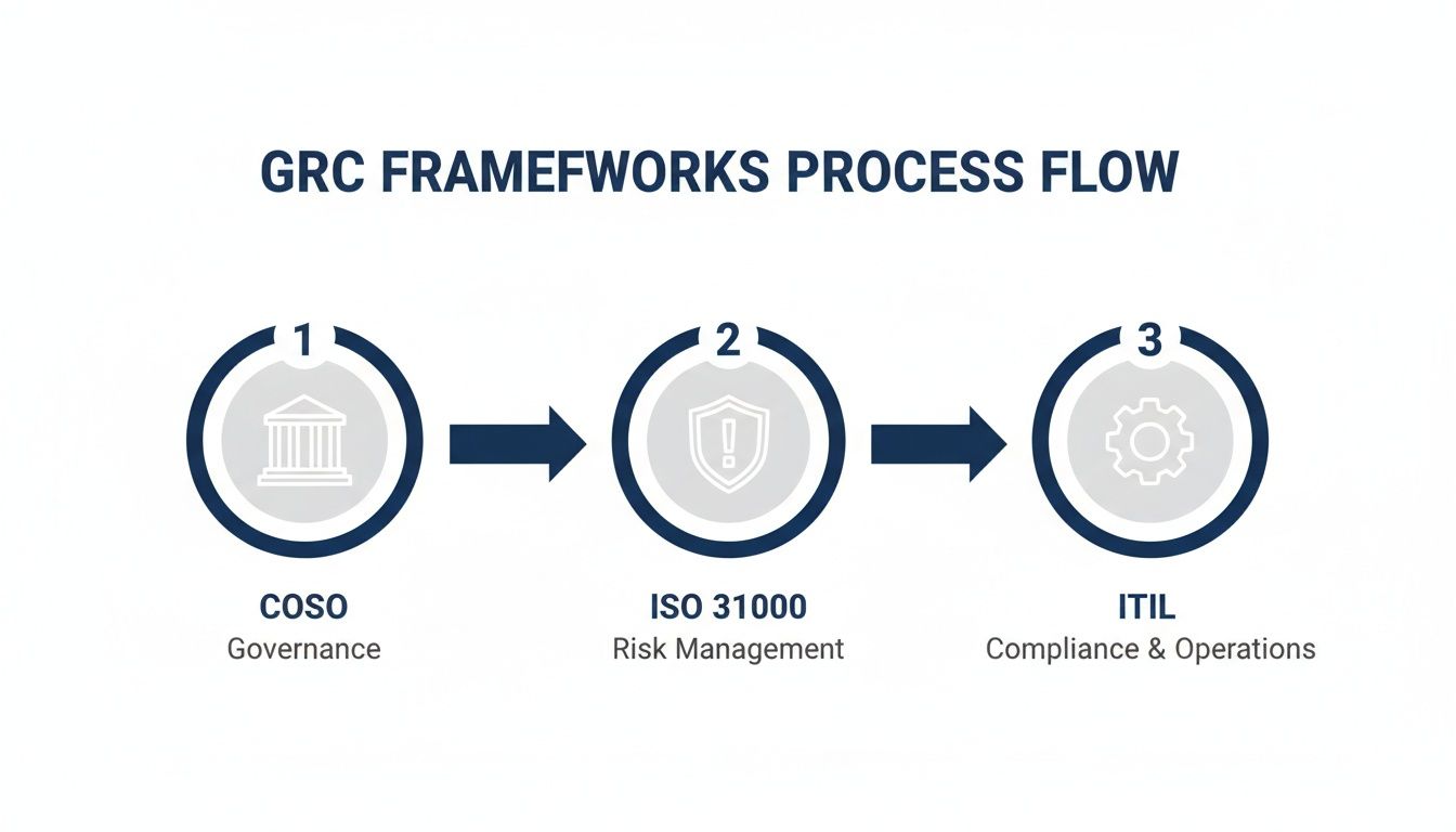 GRC frameworks process flow diagram showing steps: COSO (Governance), ISO 31000 (Risk Management), ITIL (Compliance & Operations).
