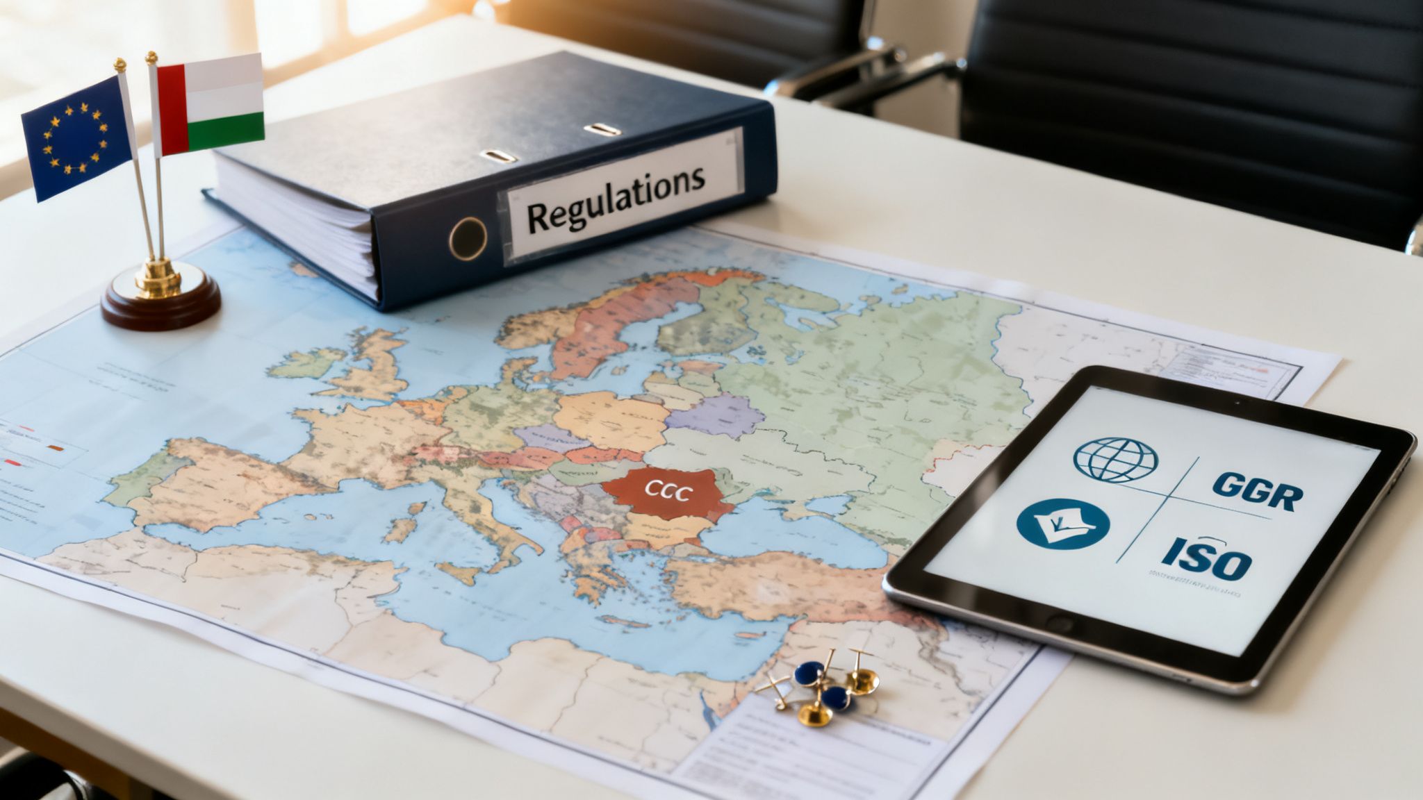 Desk with a map of Europe, 'Regulations' binder, flags, and tablet displaying GGR and ISO compliance.