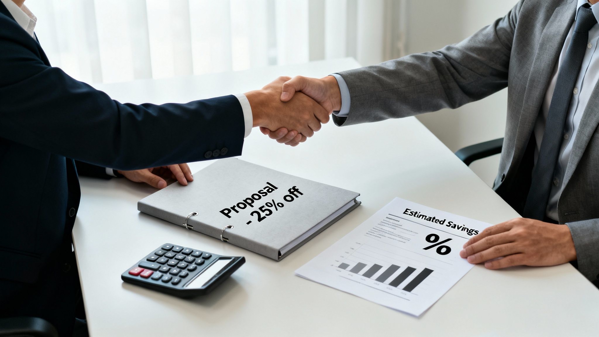 Two businessmen shake hands over a table with a proposal, calculator, and savings report.