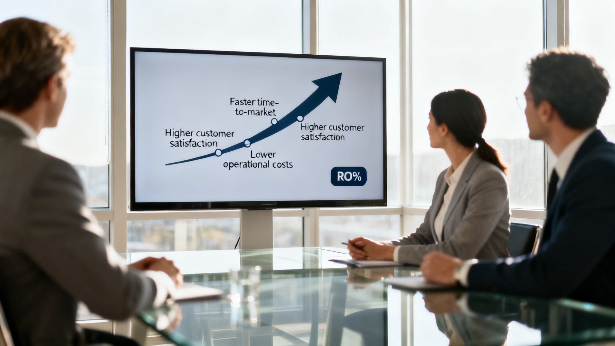 Three business professionals in a modern meeting room, viewing a presentation screen with a growth graph.