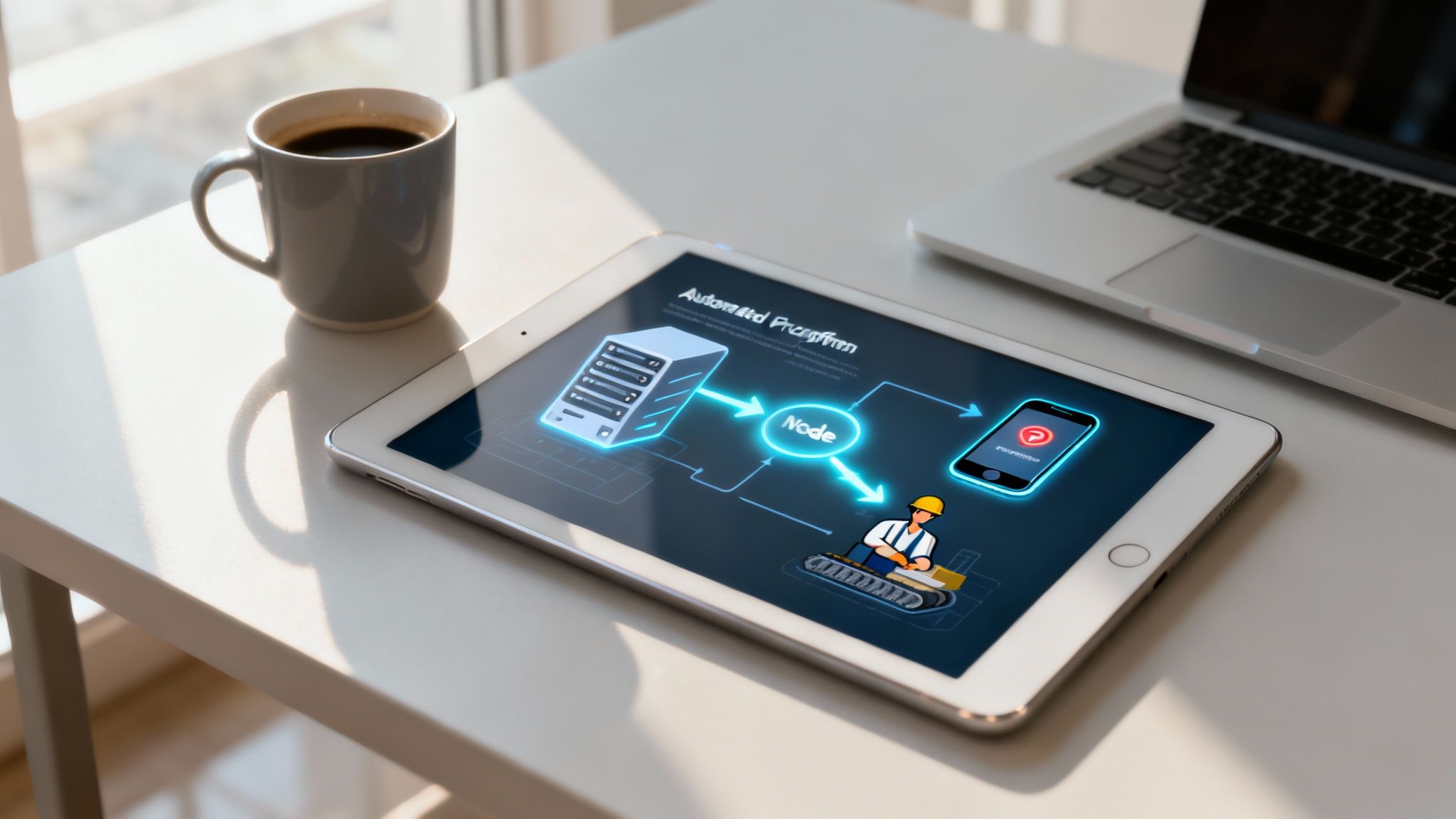 A tablet on a desk displays a diagram of an automated platform, server, node, mobile app, and worker.