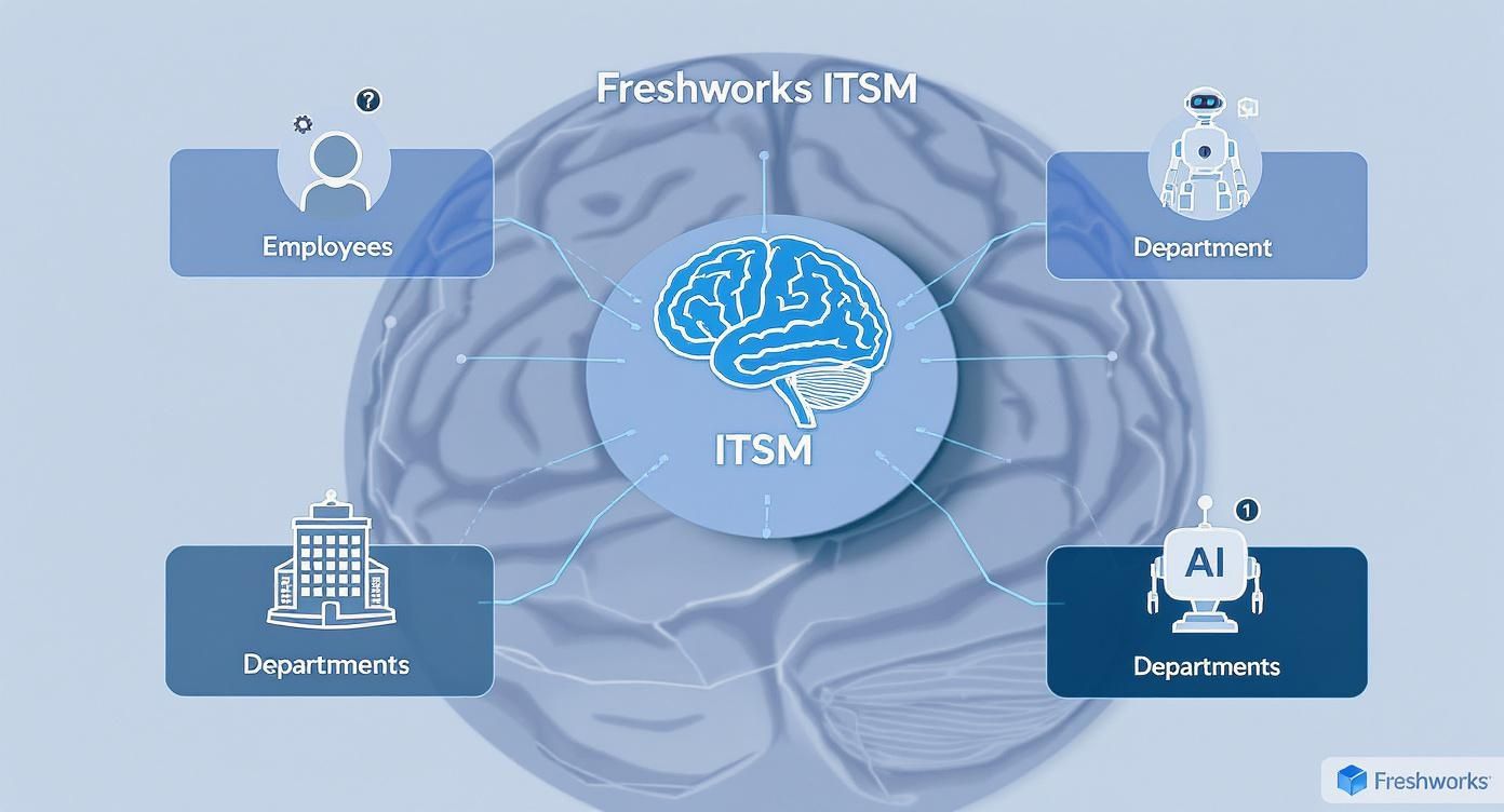 Freshworks ITSM diagram illustrating connections between employees, departments, and AI-powered service management.