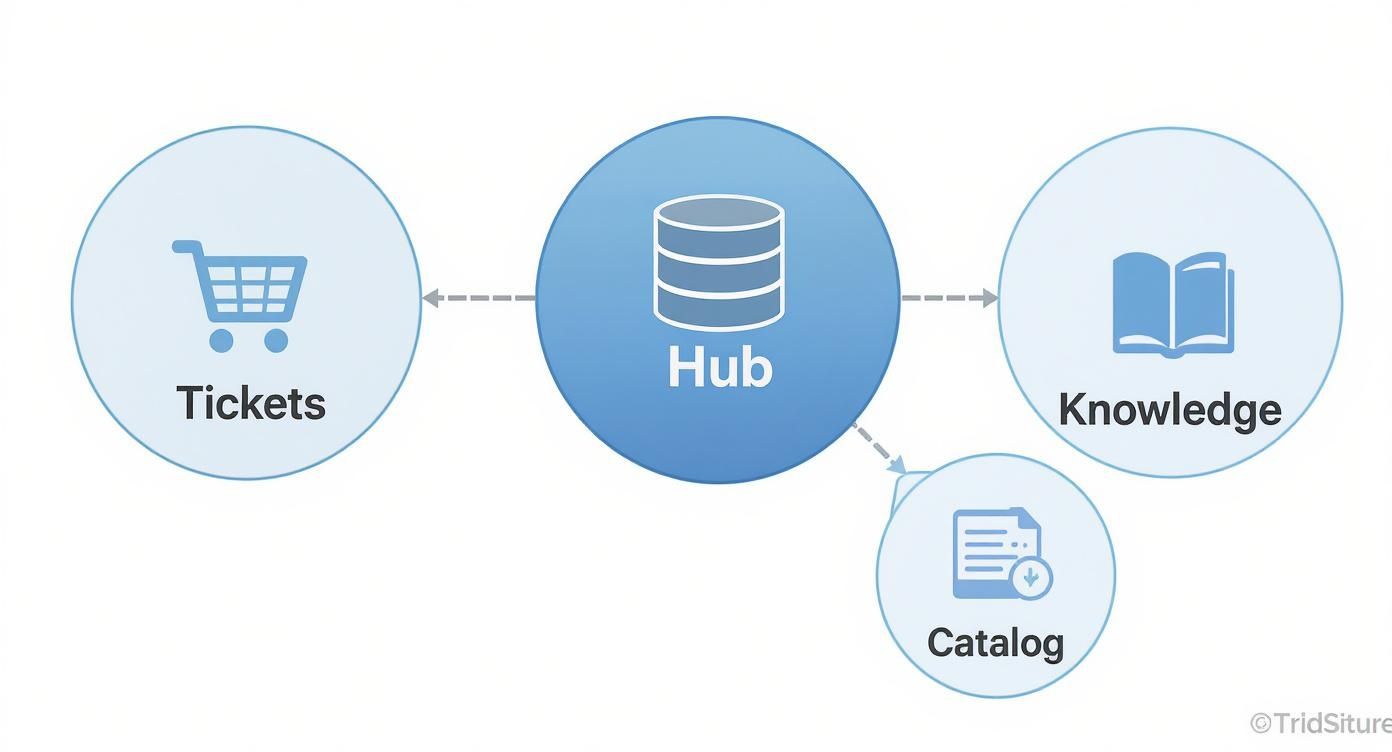 A diagram shows a central &#39;Hub&#39; connected to &#39;Tickets&#39;, &#39;Knowledge&#39;, and &#39;Catalog&#39; systems.