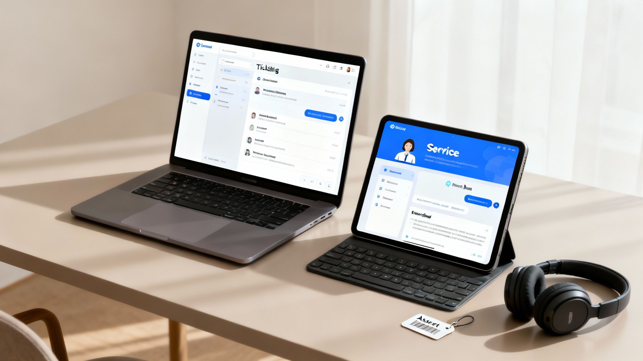 Laptop and tablet displaying Fresh Service ticketing and customer service management software interface on modern desk